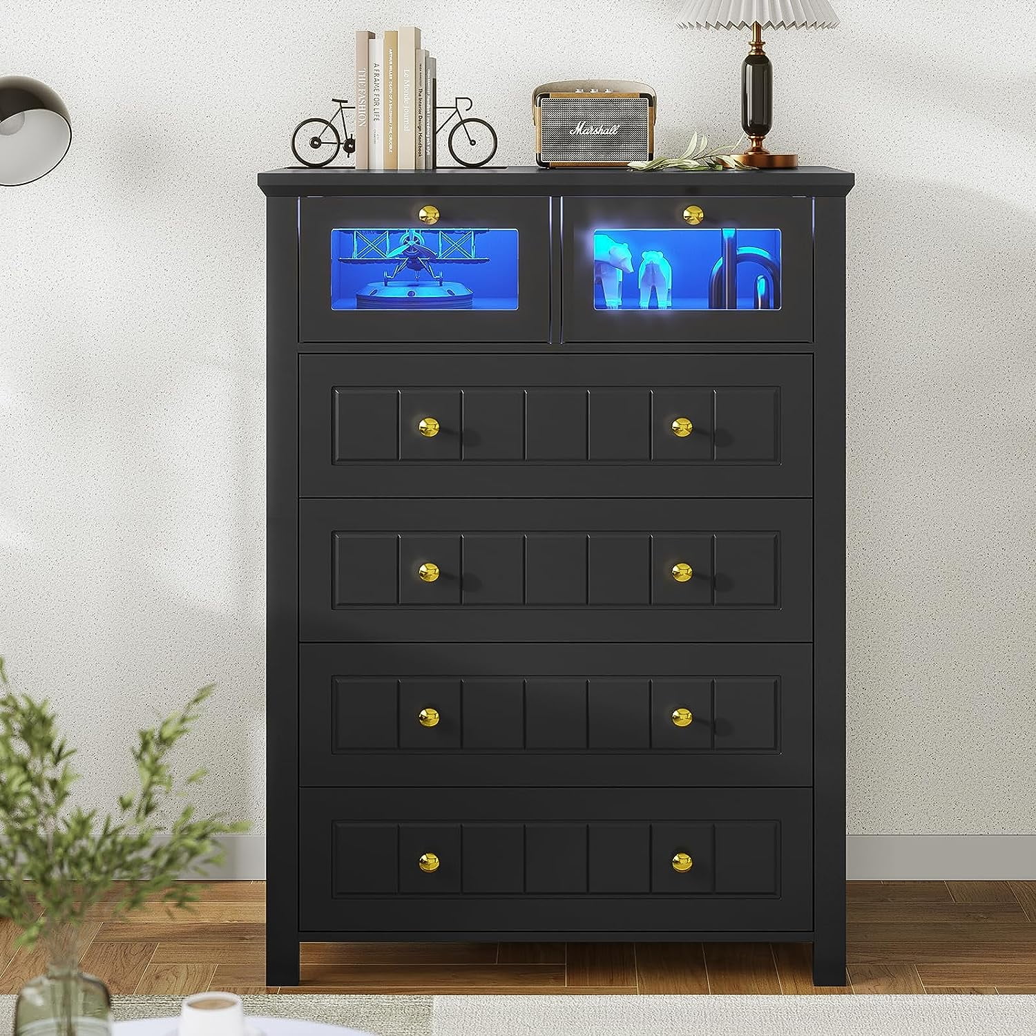 AOGLLATI Black Dresser for Bedroom with Led Light, 6 Drawer Dresser with Milled Grooves Design, Tall Led Dresser for Bedroom Closet