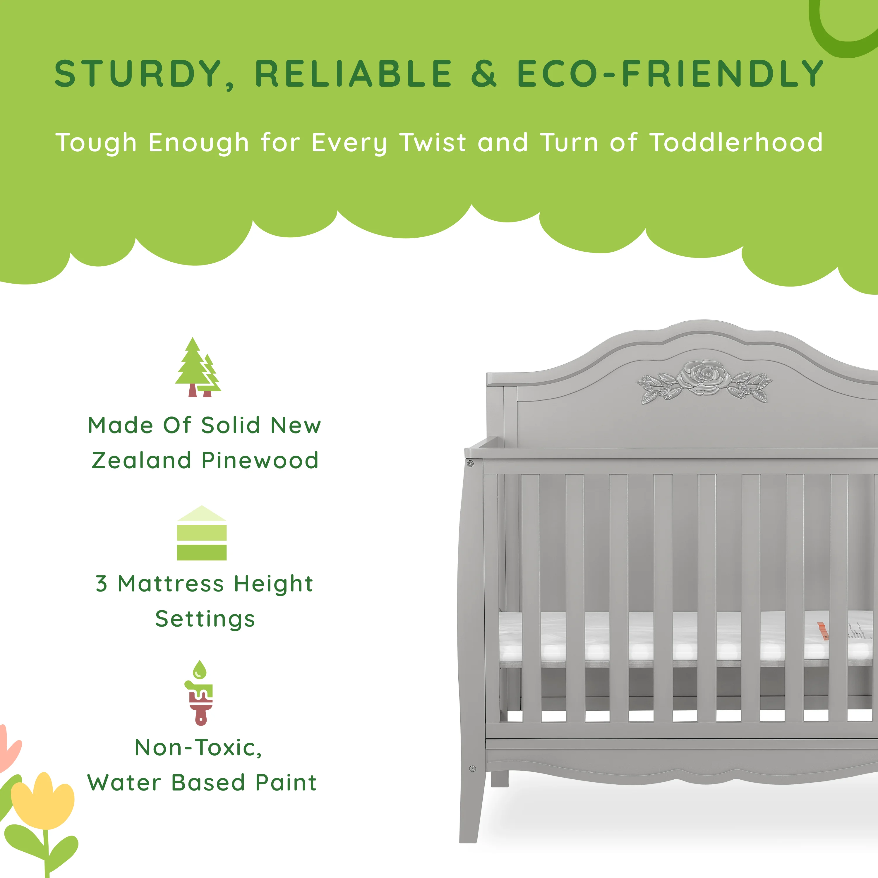 SweetPea Baby Rose 4-in-1 Convertible Mini Crib in Platinum, JPMA Certified Baby Crib, Non-Toxic Finish, New Zealand Pinewood, with 3 Mattress Height Settings Crib Platinum