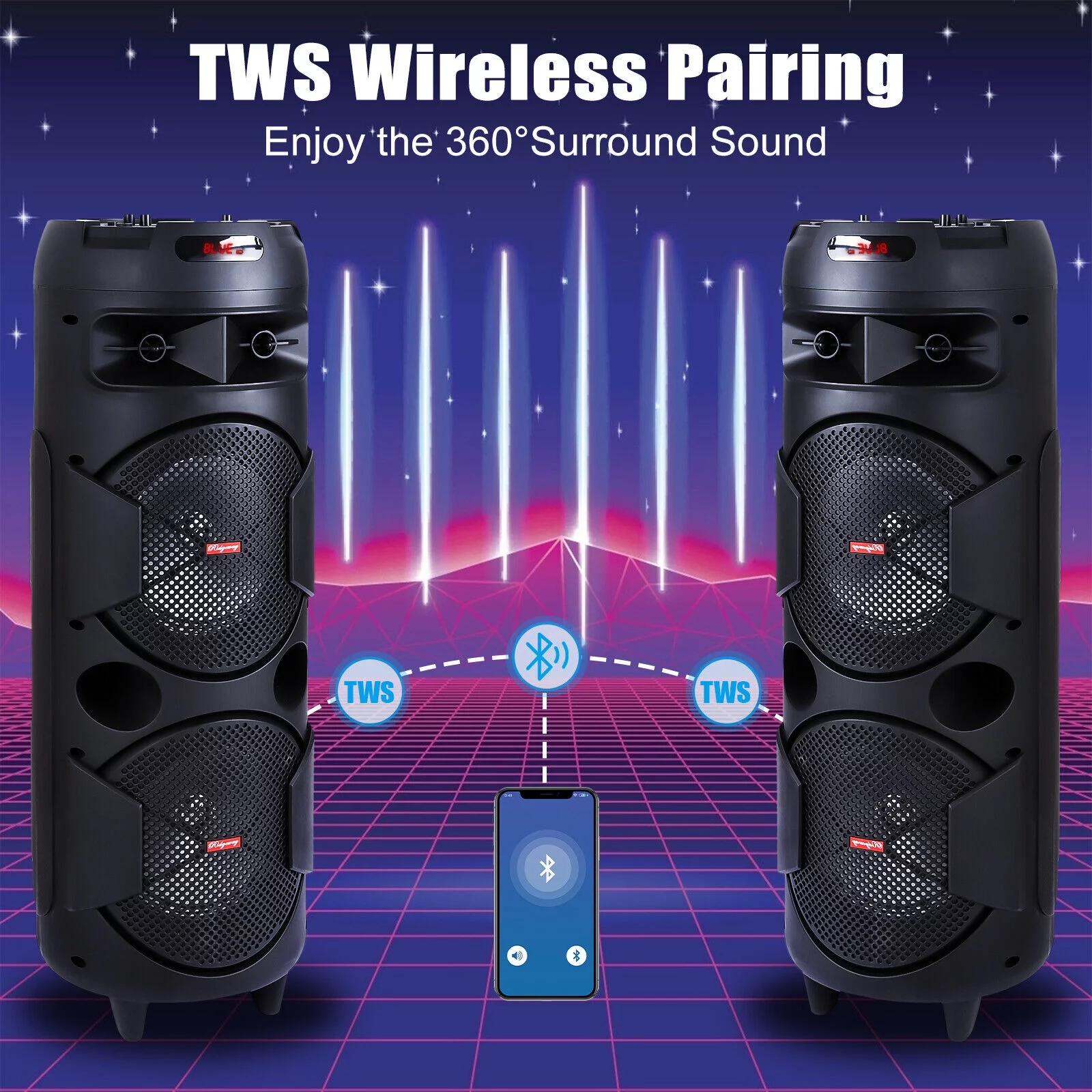 BEYGO Portable Party Speaker with Double Subwoofer Heavy Bass,Bluetooth 5.0 Wireless Outdoor Speaker with Mic,Stereo Sound, for Home,Party,Travel,Support FM Radio,Black