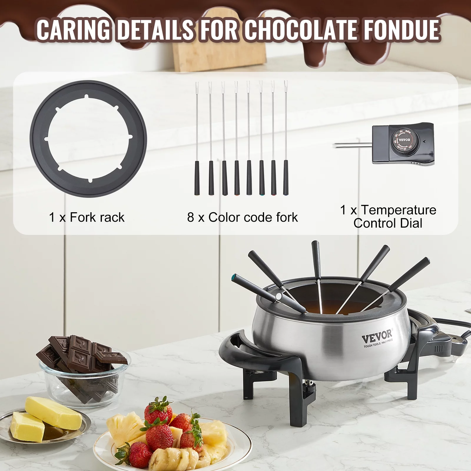 BENTISM 3 qt Electric Fondue Pot Set Chocolate and Cheese Melting Warmer Silver