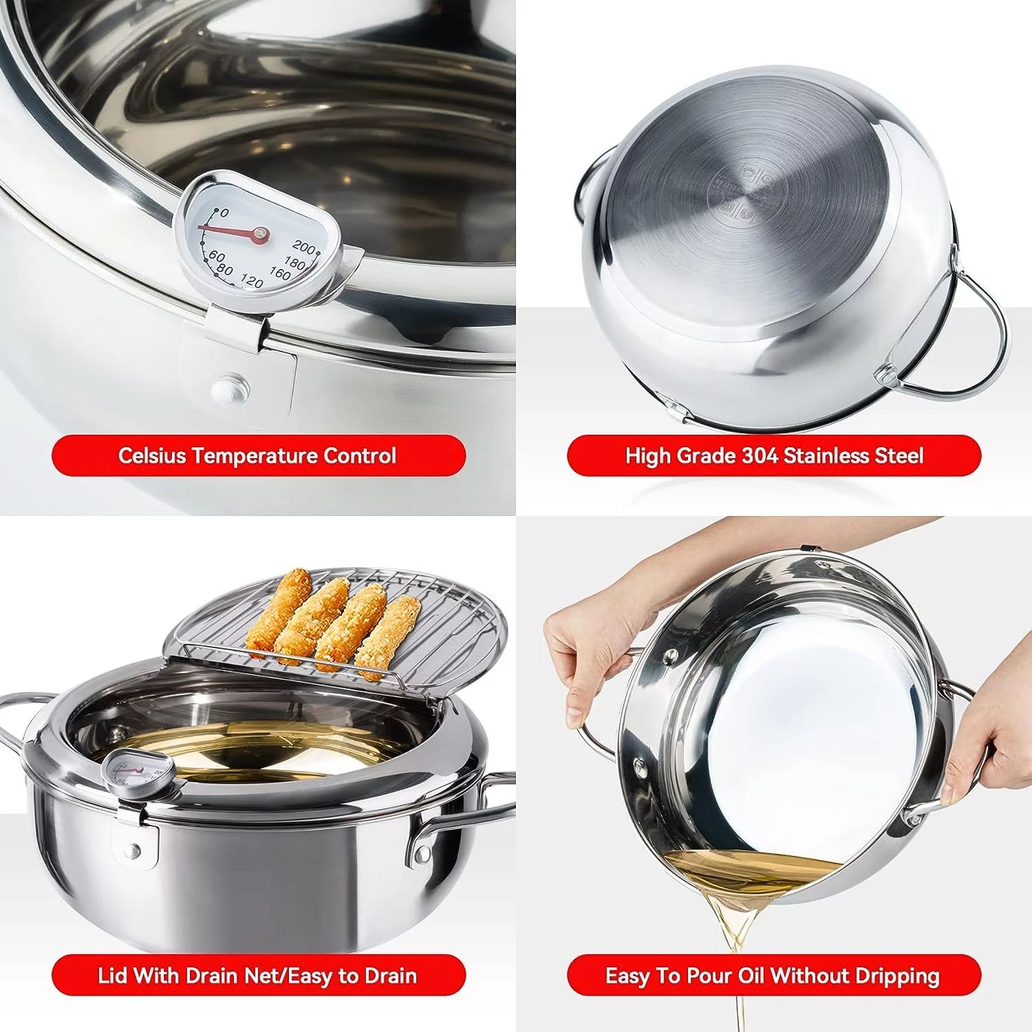 Hawsaiy 9.4 Inch/3.4 L Deep Fryer Pot Janpanese Style Tempura Frying Pot with Lid, 304 Stainless Steel with Temperature Control and Oil Drip Drainer Rack, for Kitchen French Fries, Chicken etc