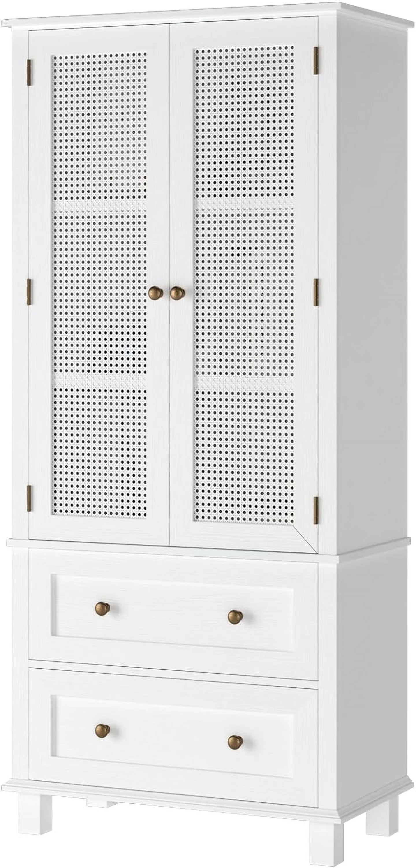 ONKER Kitchen Pantry Storage Cabinet, Tall Cabinet with Rattan Doors and 2 Drawers, Freestanding Cupboard with Adjustable Shelves, Utility Pantry for Kitchen, Dining Room,White