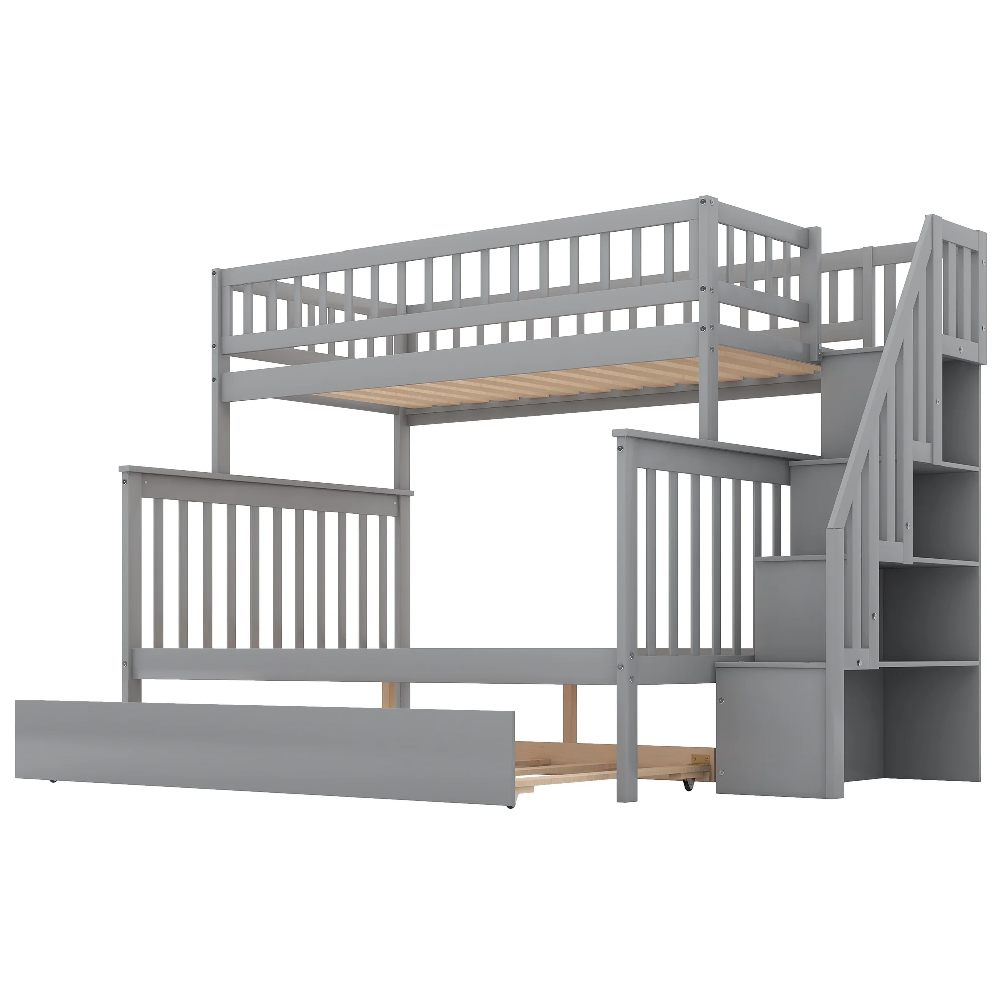 Leadzm Twin over Full Bunk Bed with Trundle and Staircase,Gray