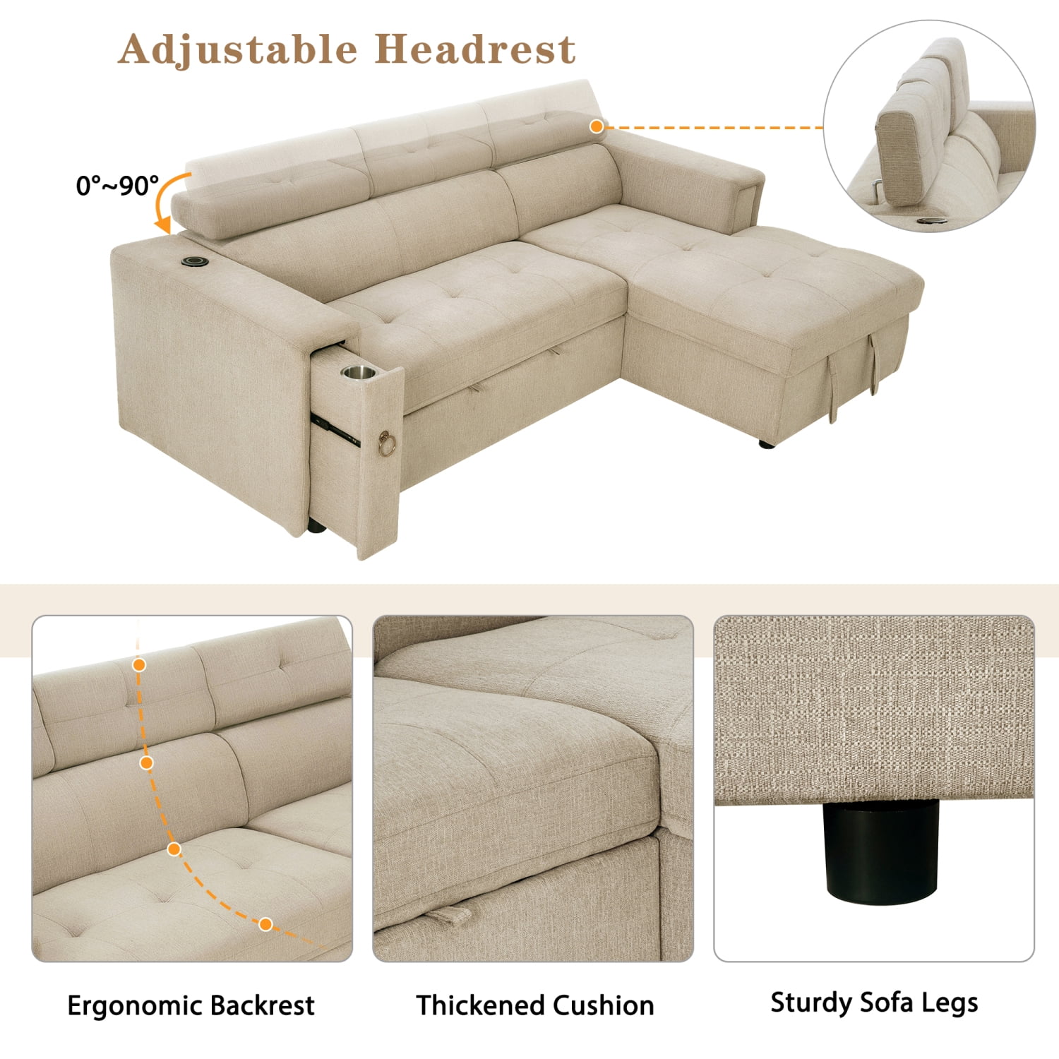 Churanty Pull Out Couch Bed with Storage and Cup Holder Sectional Sleeper Sofa with Wireless Charging L Shaped Couch with Adjustable Headrest Convertible Sofa Bed for Living Room,Beige