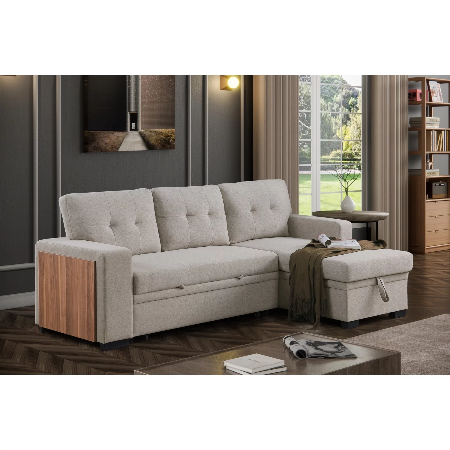Devion Furniture Fabric Reversible Modern Side Compartment Sleeper Sectional Sofa Bed-Light Gray