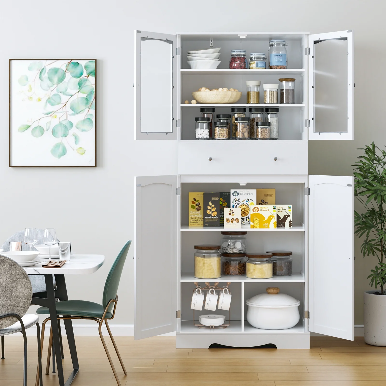 Homfa 70.8'' Kitchen Pantry with 4 Doors, Freestanding Storage Cabinet with Large Drawer for Dining Room, White
