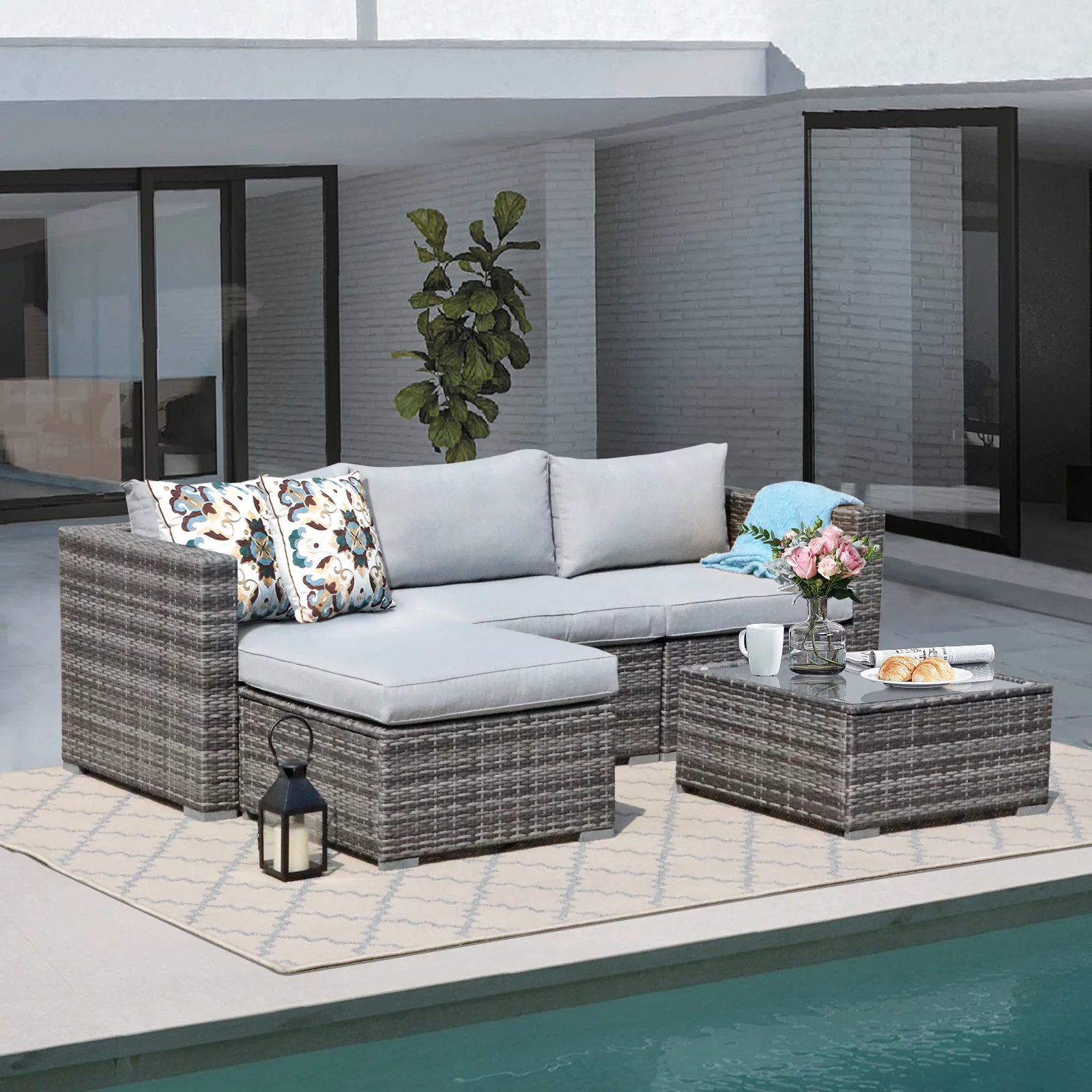 JOIVI 5 Pieces Outdoor Patio Furniture Set, All Weather PE Gray Wicker Rattan Sectional Furniture Set with Coffee Table, Light Gray