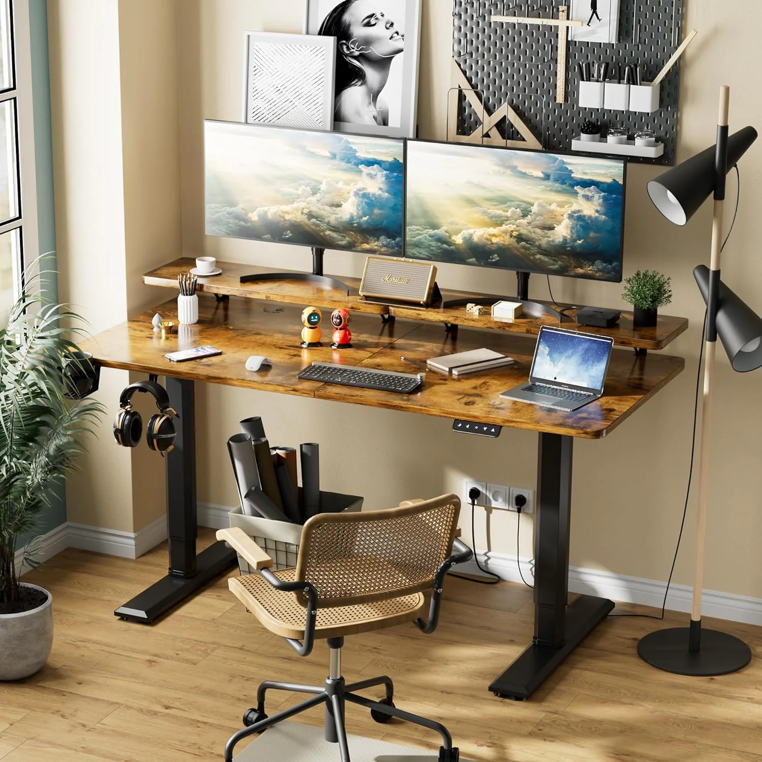Electric Standing Desk with Monitor Stand, 55 x 24 Inch Height Adjustable Sit Stand up Desk, Home Office Computer Workstation with Cup Holder and Hook, Stand Table for Work, Rustic Brown
