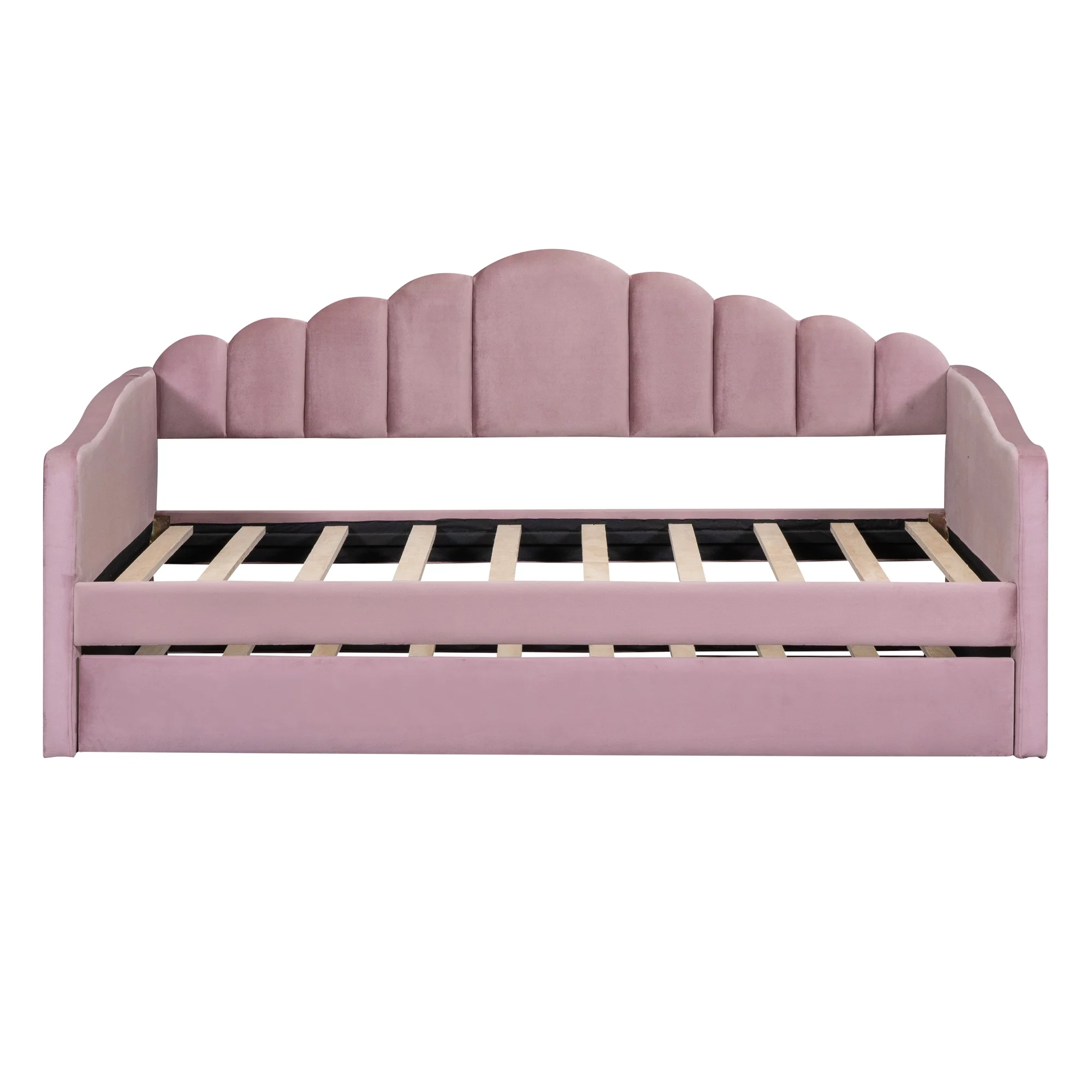 Churanty Twin size Upholstered Daybed with Trundle ,Velvet Sofabed with USB Charging Ports,No Box-spring Needed,Pink