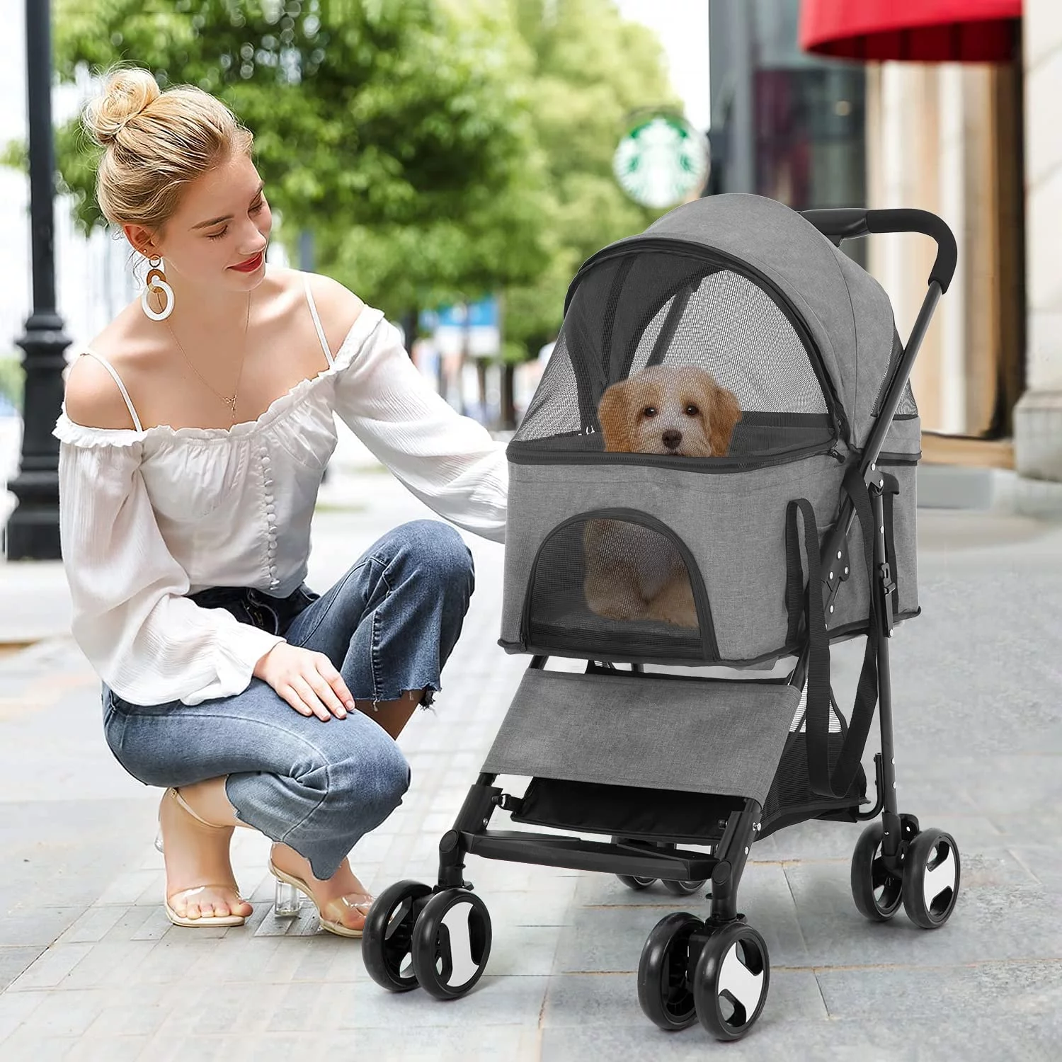 BestPet 3-in-1Pet Stroller Premium Multifunction Dog Cat with Detachable Carrier &Cup Holder,Grey