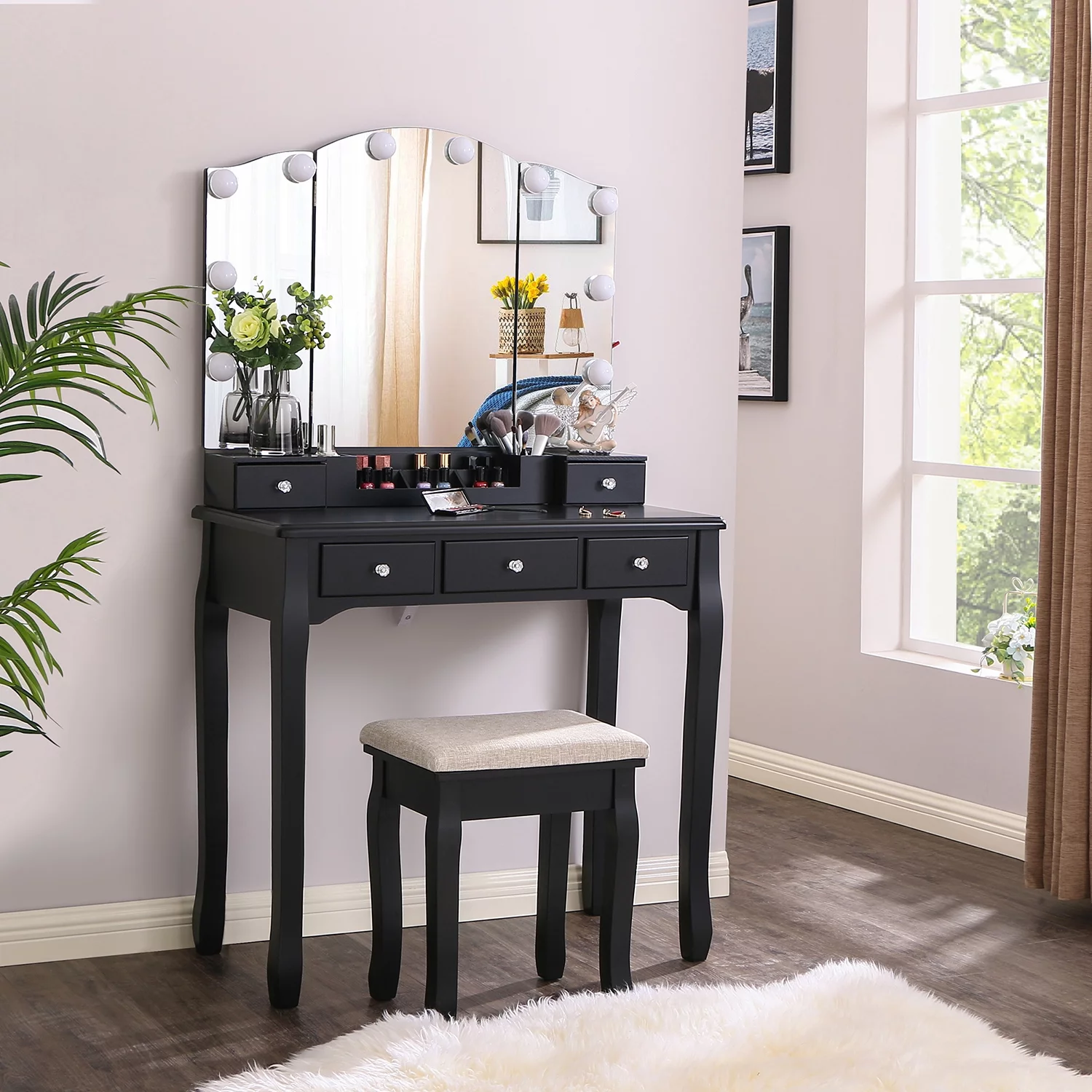 BEWISHOME Vanity Set with Lighted Mirror, Makeup Vanity with Tri-Folding Mirror 10 LED Bulbs, Black Vanity Desk Vanity Table with 5 Drawers 2 DIY Dividers, Cushioned Stool, Movable Organizer FST09H