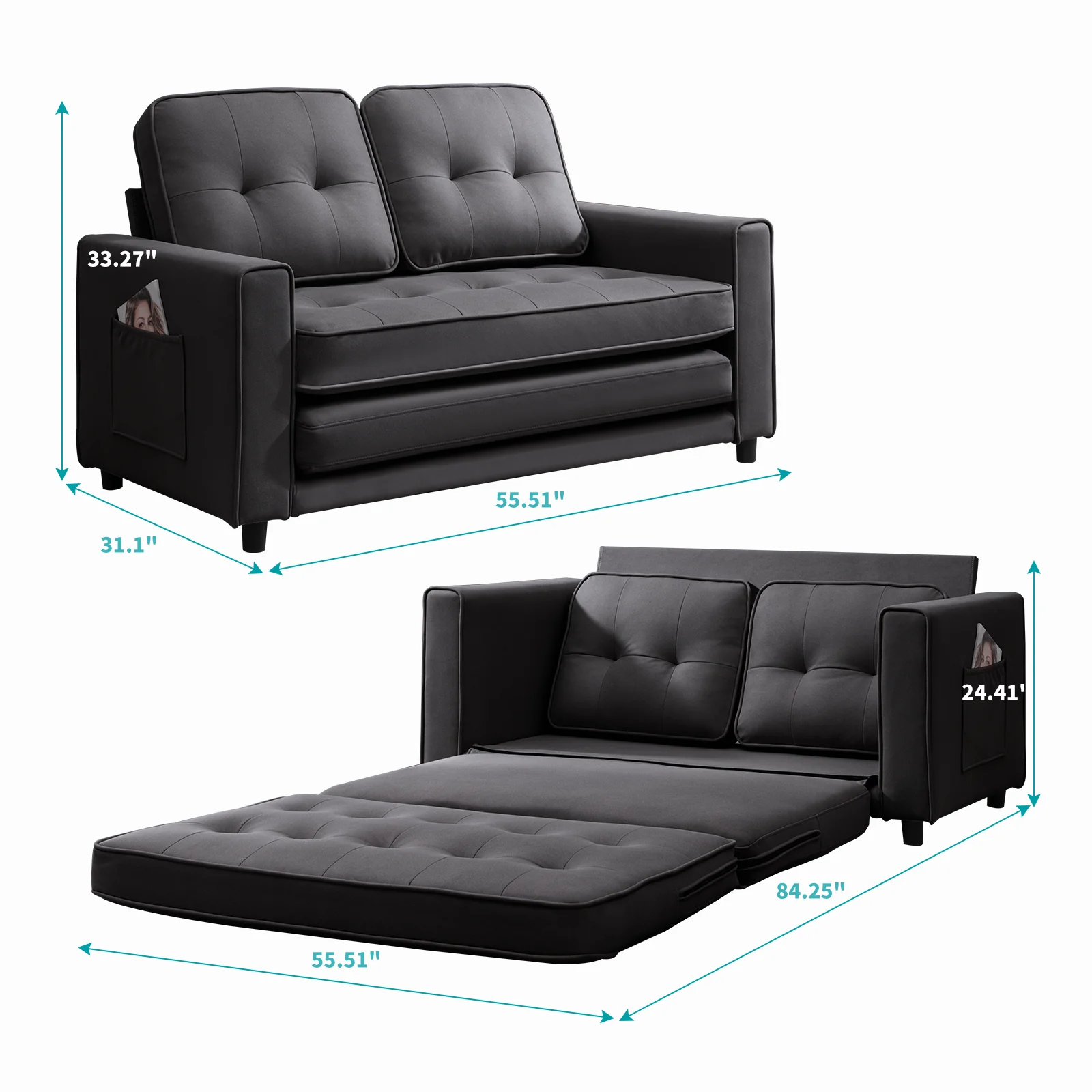 BALUS 3-in-1 Pull Out Sleeper Sofa Bed with Dual Side Pockets, Loveseat Sofa Sleeper, Dark Gray