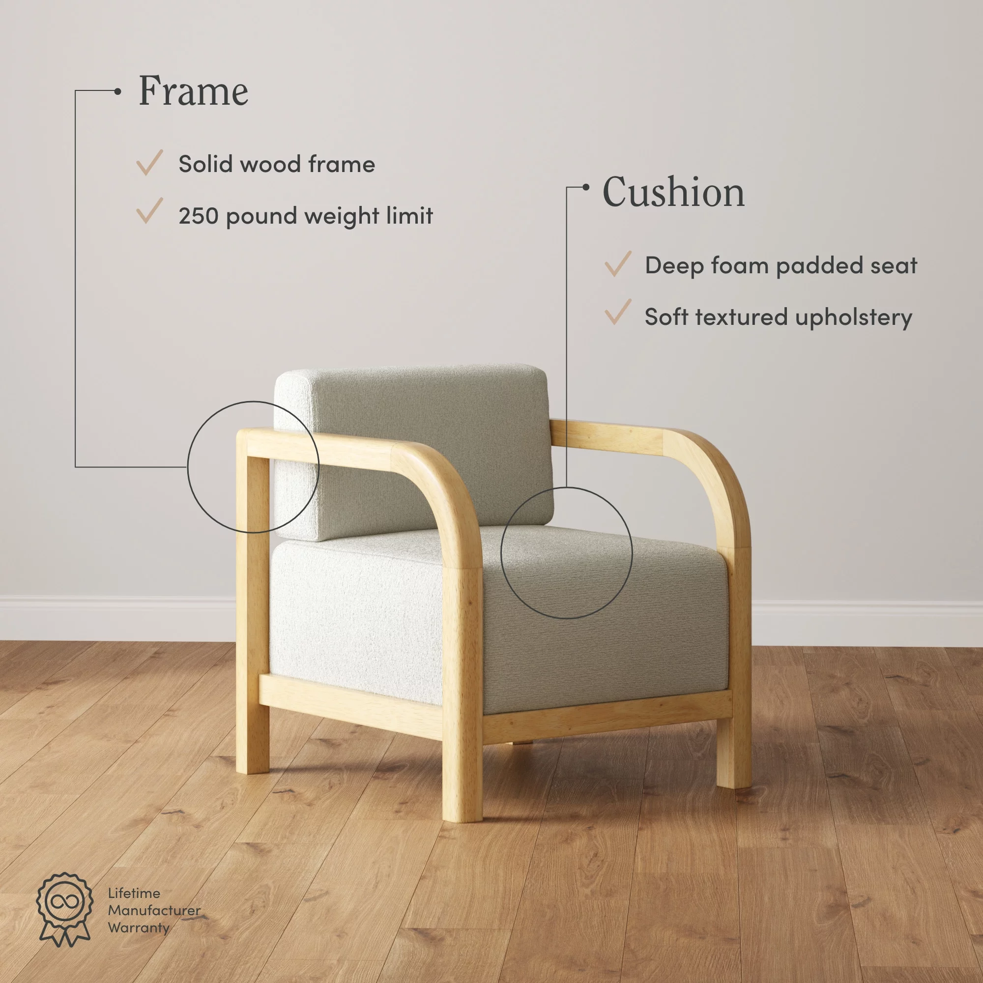 Nathan James Jayden Scandinavian Accent Chair, Boucle Linen Upholstered Bedroom Chair with Solid Wood Frame and Plush Cushioned Seat, Natural Brown