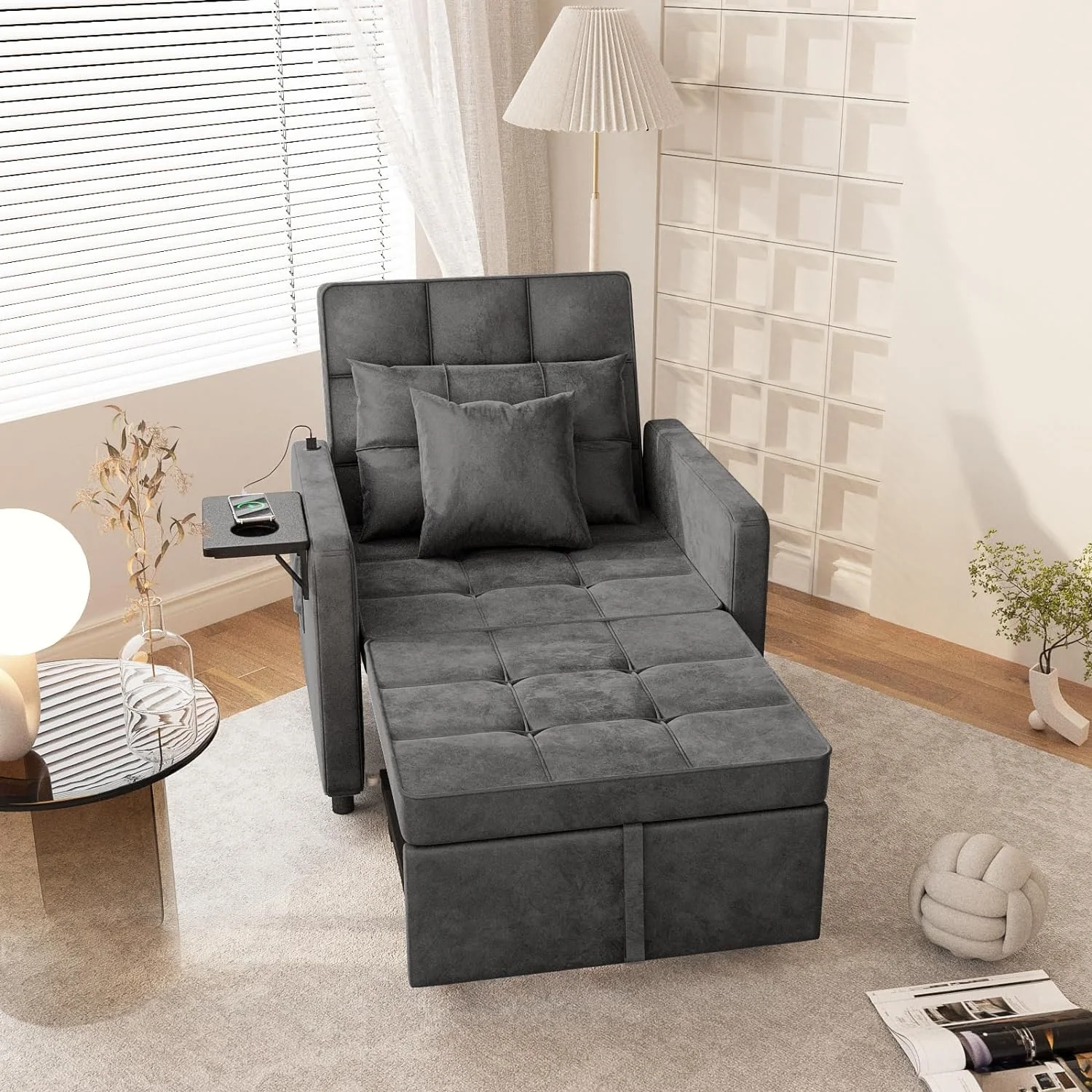 Vabches 3 in 1 Sofa Recliner with USB Port, Velvet, Convertible Bed and Chair, for Home or Office, Gray