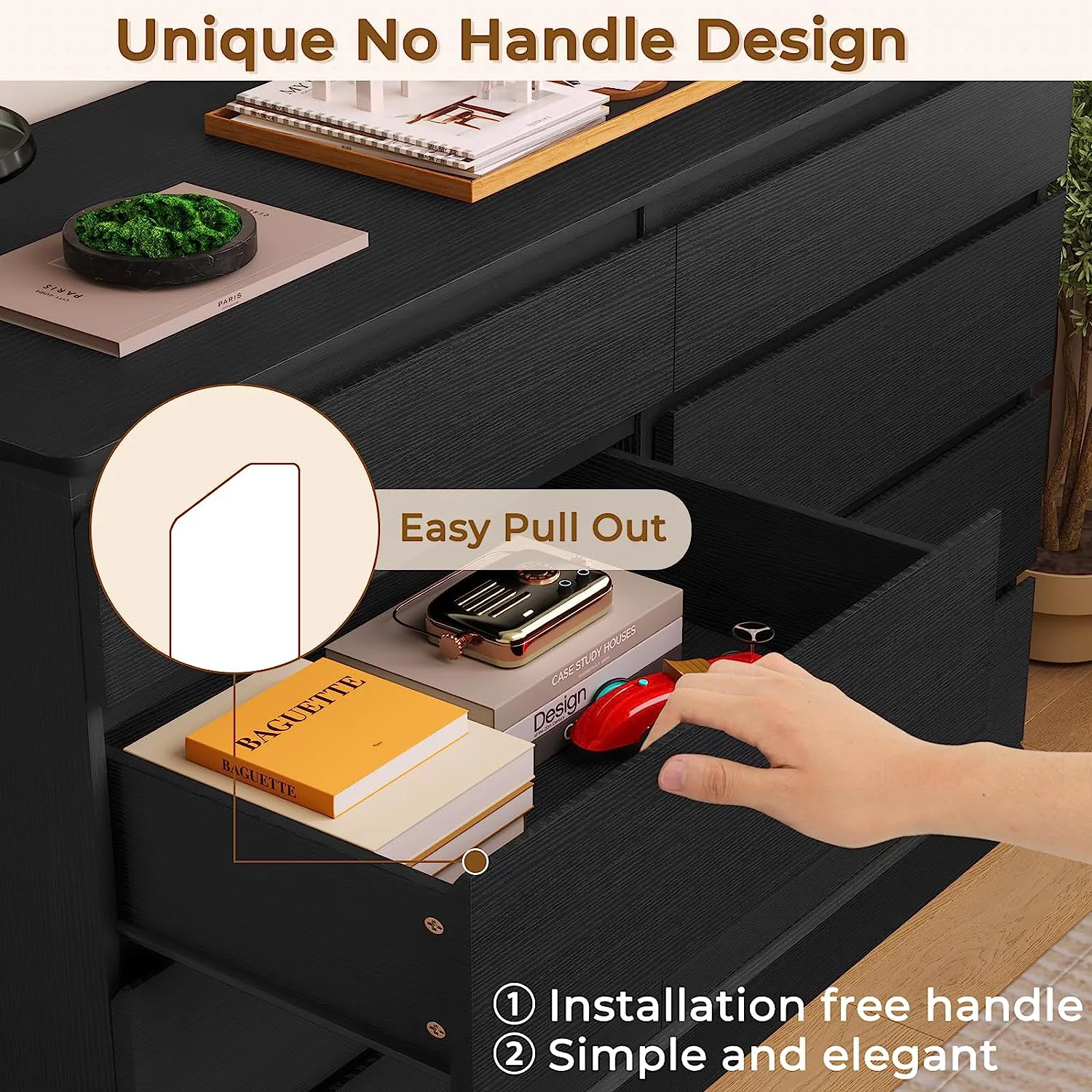 8 Drawers Double Dresser Wooden Black Dresser Chest of Drawers for Bedroom, Large Storage Cabinet for Home Living Room