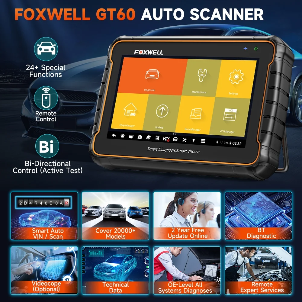 Foxwell GT60 BT Bluetooth OBD2 Scanner All System Automotive Diagnostic Scan Tool 24 Maintenance Functions ABS Bleeding Car Code Reader Auto Vin EOBD OBD Scanner Android Scan Tablet 2 Year Free Update