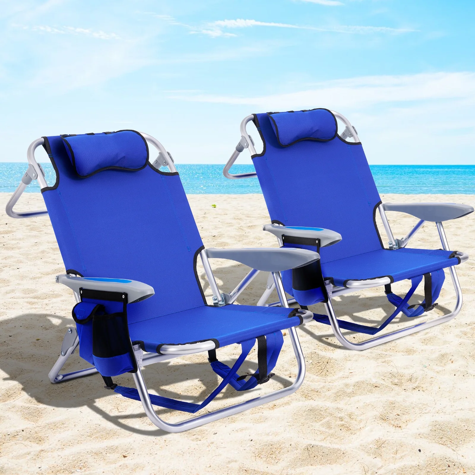 TSCOMON Beach Chair for Adults, 4 Position Portable Backpack Foldable Camping Chair with Headrest, Cup Holder, and Cooler Pouch (Blue,2 Pack)