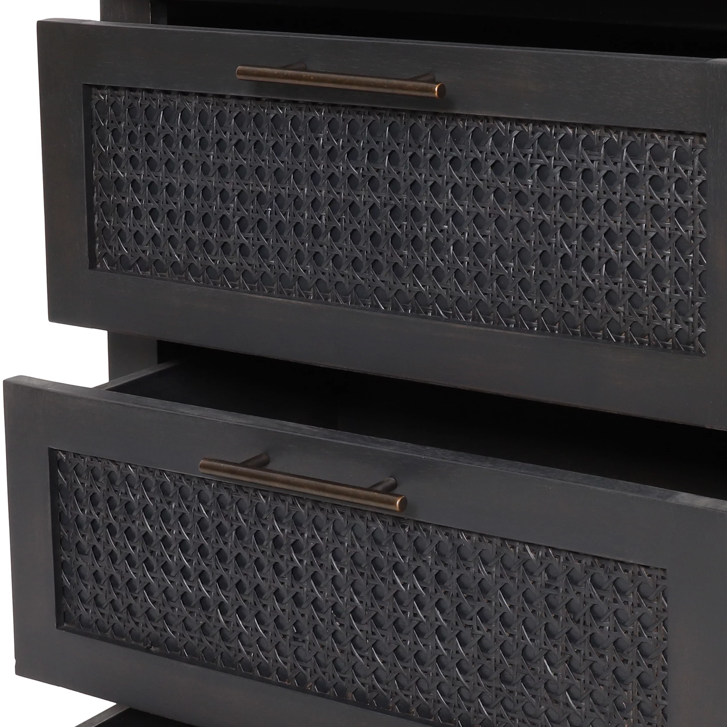 GDF Studio Pollards Rustic Acacia Wood and Cane 3 Drawer Dresser, Dark Gray