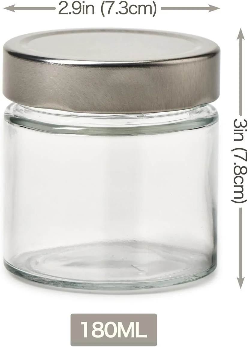 EZOWare 6oz Airtight Glass Jars with Brushed Silver Lids, Set of 6 Kitchen Clear Food Canister Storage Container for Yogurt, Jelly, Dessert, Honey, Jams, Sugar, Spices, and DIY Candles Decor