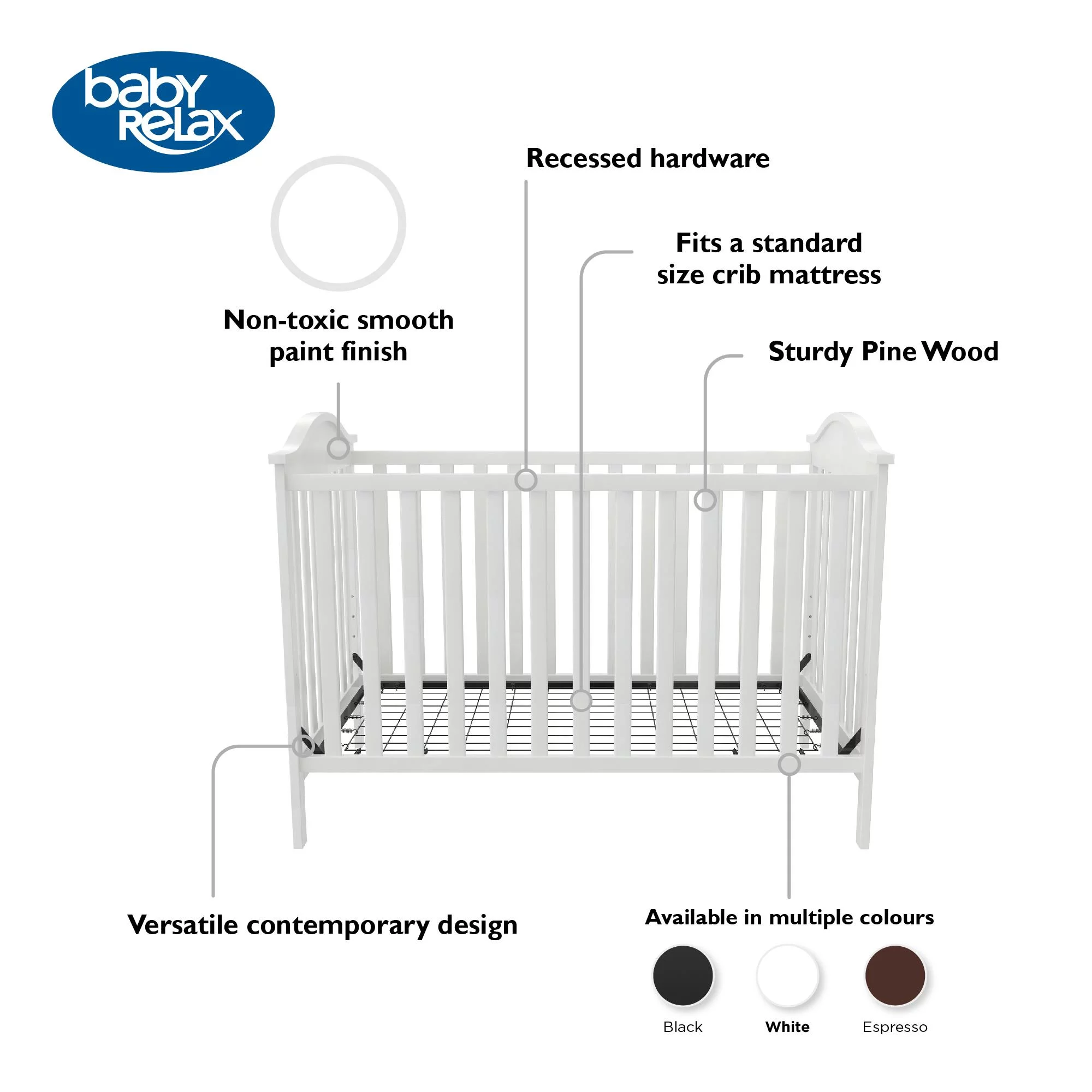 Baby Relax Adele 3-in-1 Convertible Crib, White