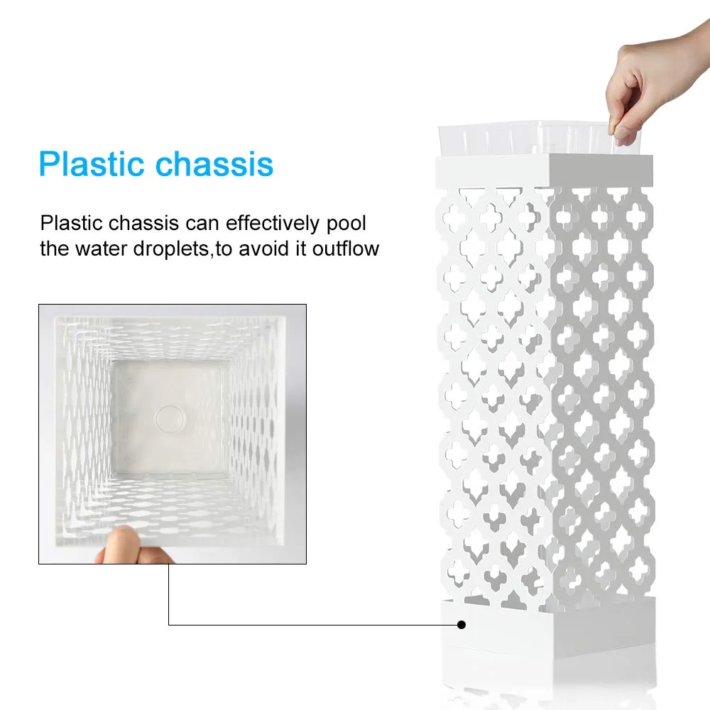 NEX Indoor Umbrella Stand Rack Metal Umbrella Holder with Tray and Hook, Square, White (NX-DB030-9)