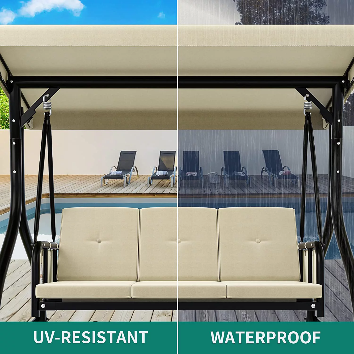 Dextrus Porch Swing Bed 3-Seats Outdoor Patio Swing Heavy Duty Swing Chair with Adjustable Canopy Removable Cushion , Beige