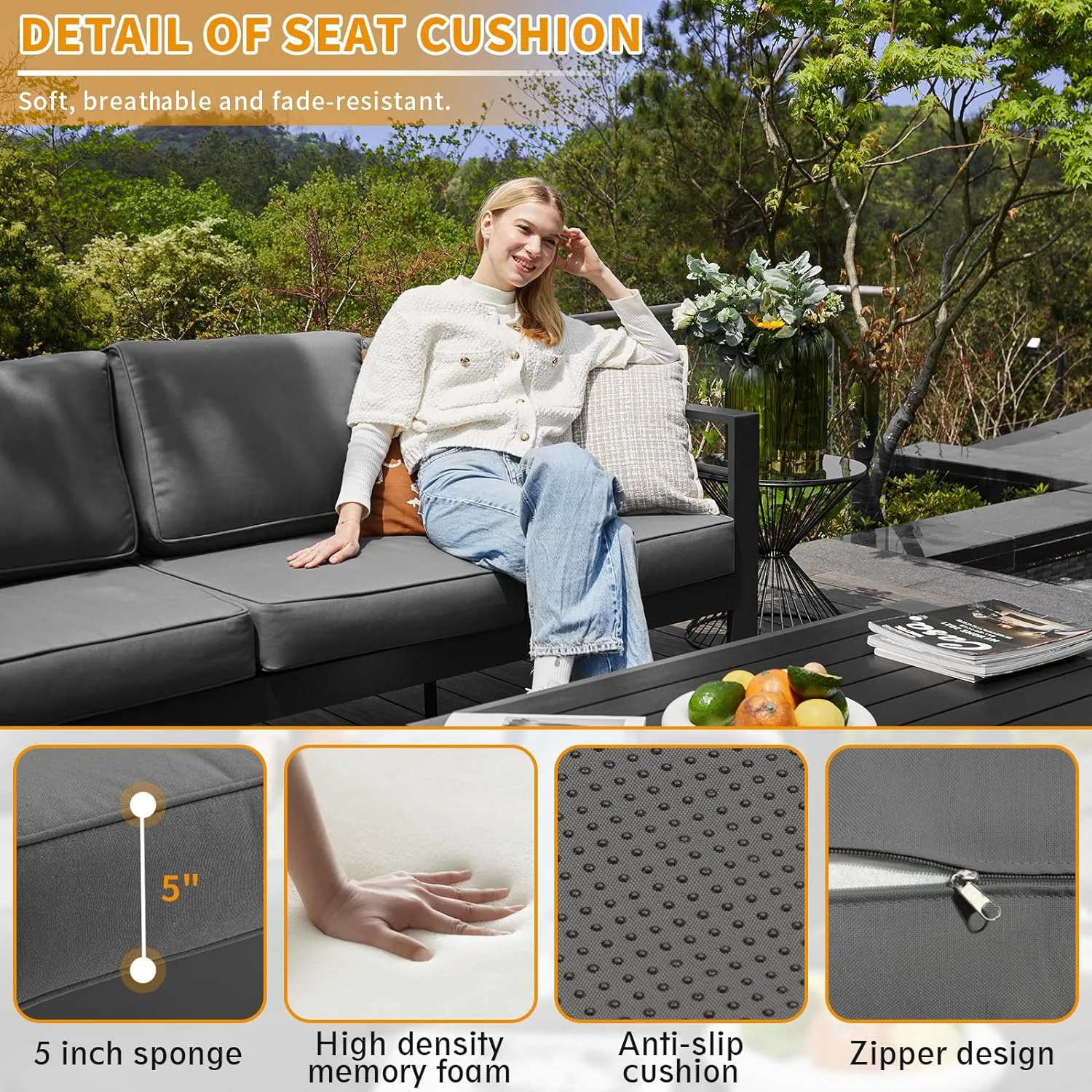 Poteban Aluminum Patio Furniture,Outdoor Metal Sectional Sofa with Table and Waterproof Covers,Grey Modern Patio Furniture Set for Garden Backyard (6-Piece)