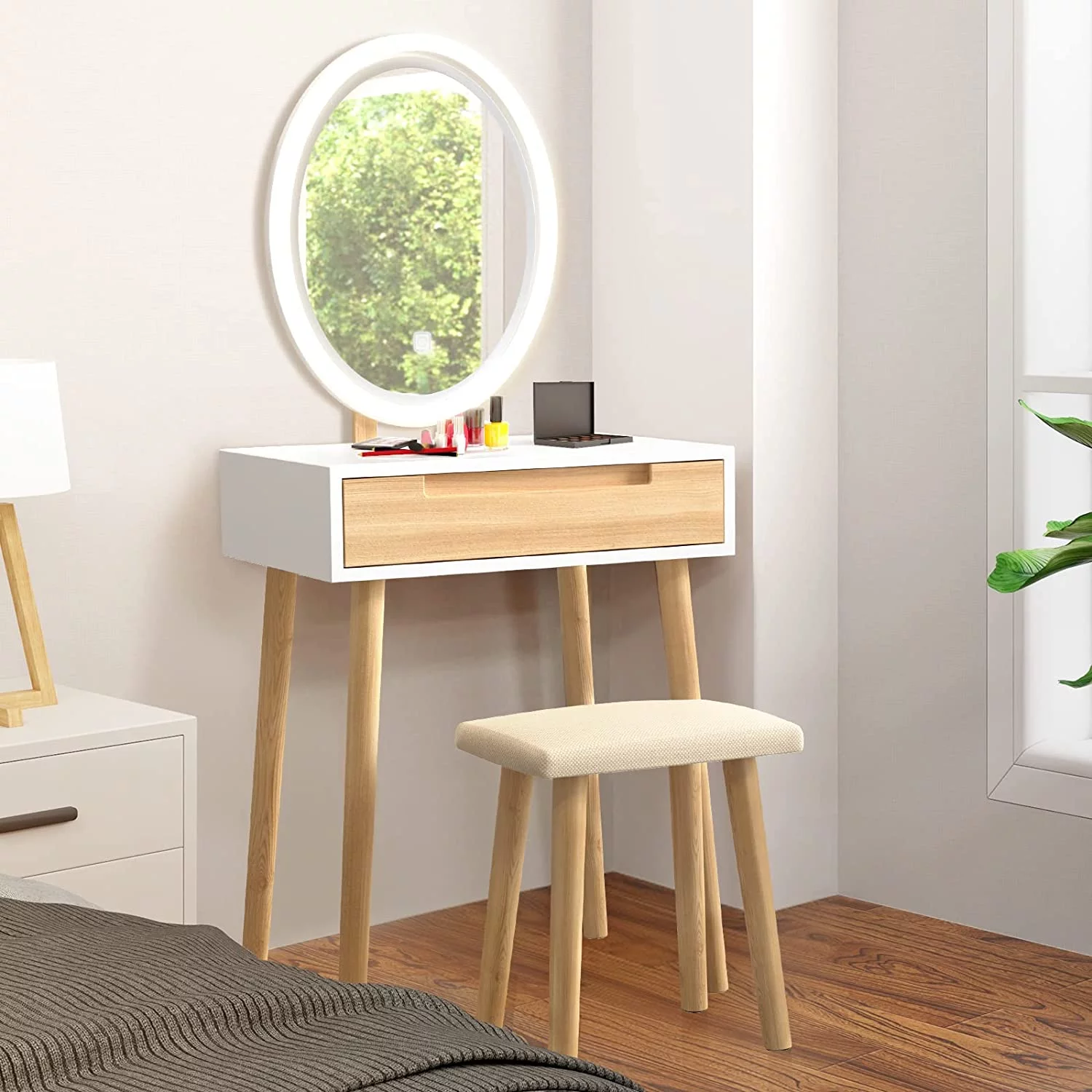 ELEWISH Makeup Vanity Table Set with 3 Modes Adjustable Lighted Mirror Cushioned Stool, Dressing Table for Small Space with Free Make-up Organizer (White+Wood)