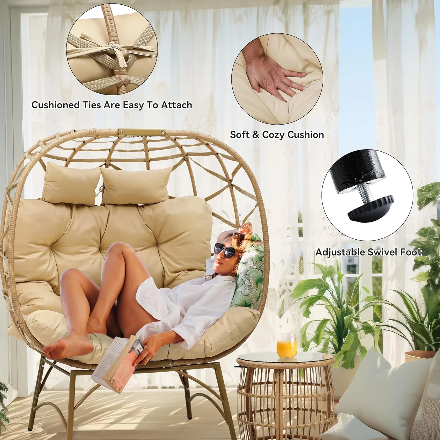 Dextrus Double Egg Chair with Legs 2 Person Wicker Egg Chair Indoor Outdoor Patio Egg Chair with Cushions 617lbs for Patio, Bedroom, Garden and Balcony, Beige