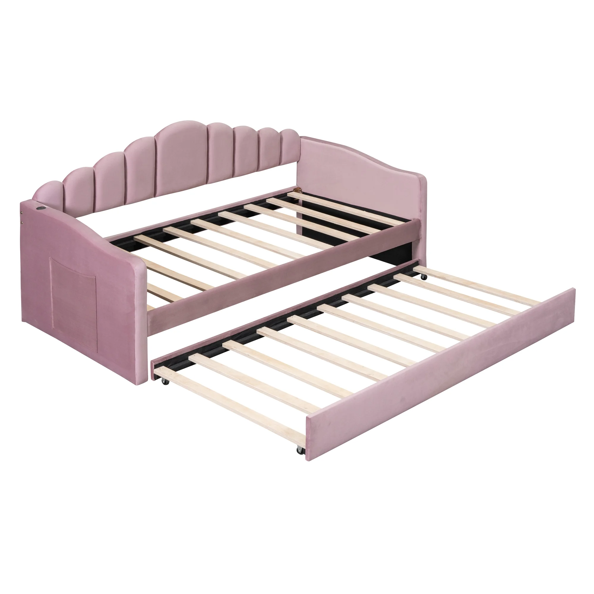 Churanty Twin size Upholstered Daybed with Trundle ,Velvet Sofabed with USB Charging Ports,No Box-spring Needed,Pink