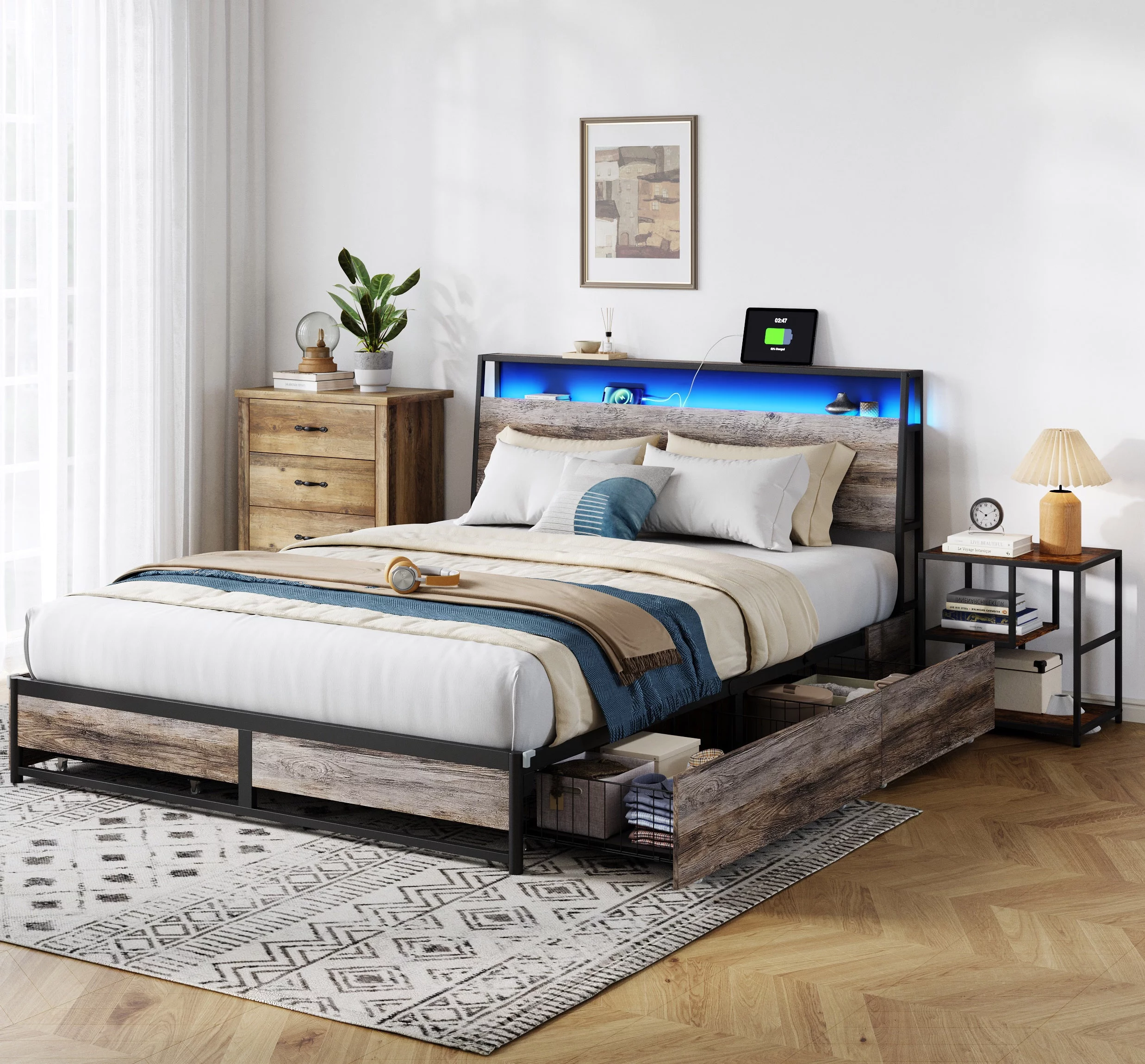 Linsy Home Queen Size Platform Bed Frame with Storage Headboard and 4 Storage Drawers, No Box Spring Needed, Light Grey