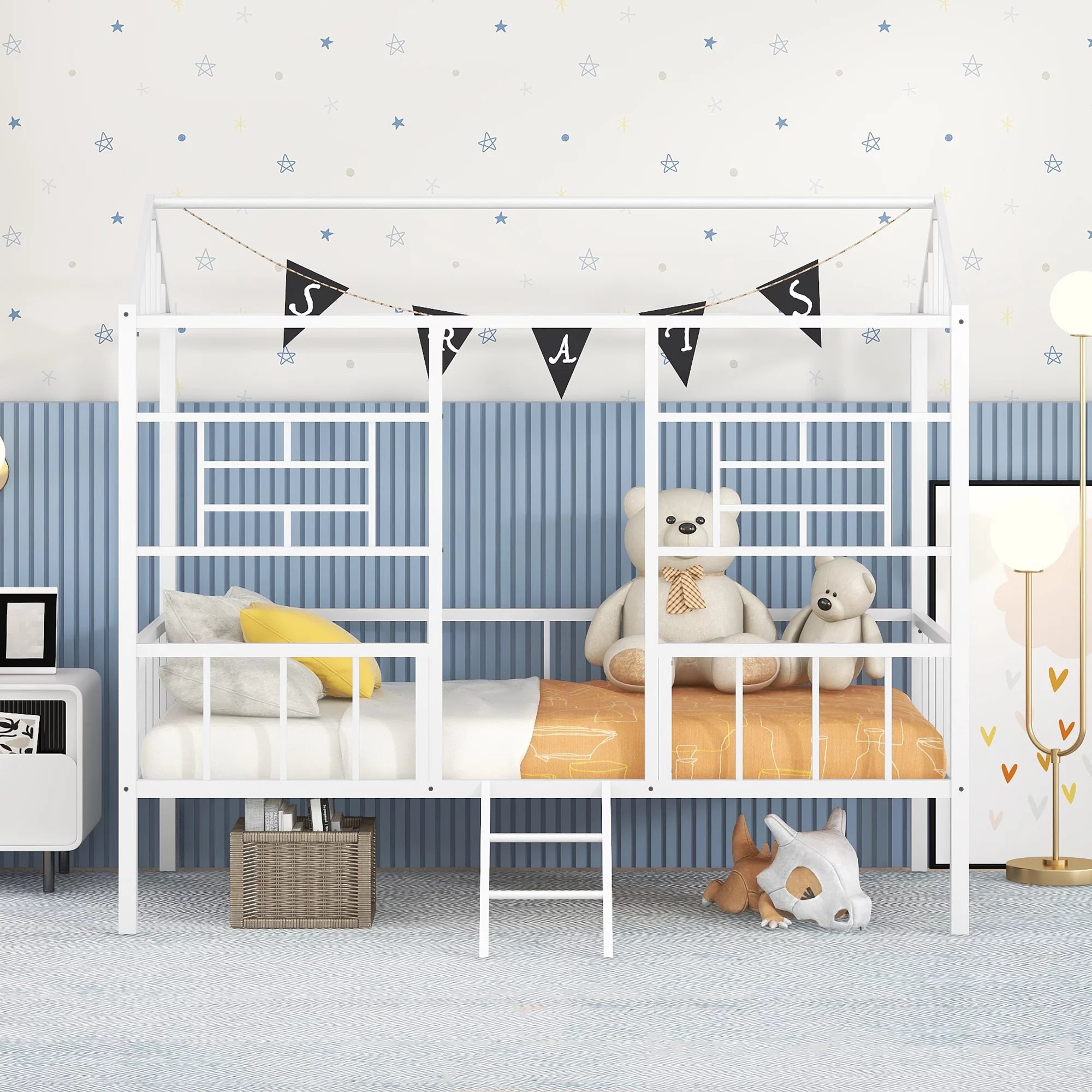 Bellemave Twin House Bed with Rails, Metal Cabin Bed Frame with Ladder, Playhouse Bed for Toddler Kids Boys Girl Teens (Twin Size, White)