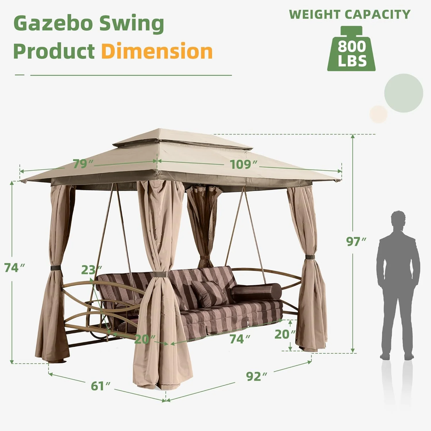 PURPLE LEAF 3 Person Outdoor Patio Porch Tent Swing with Netting & Curtains Swing with Canopy for Adults