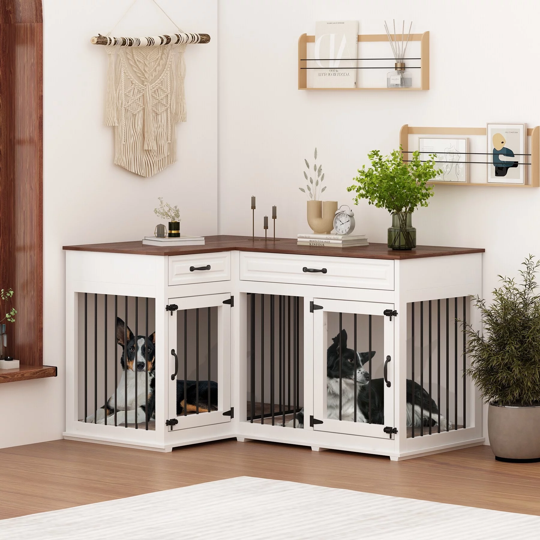 Large Corner Dog Crate Furniture For 2 Dogs With 2 Drawers TV Stand