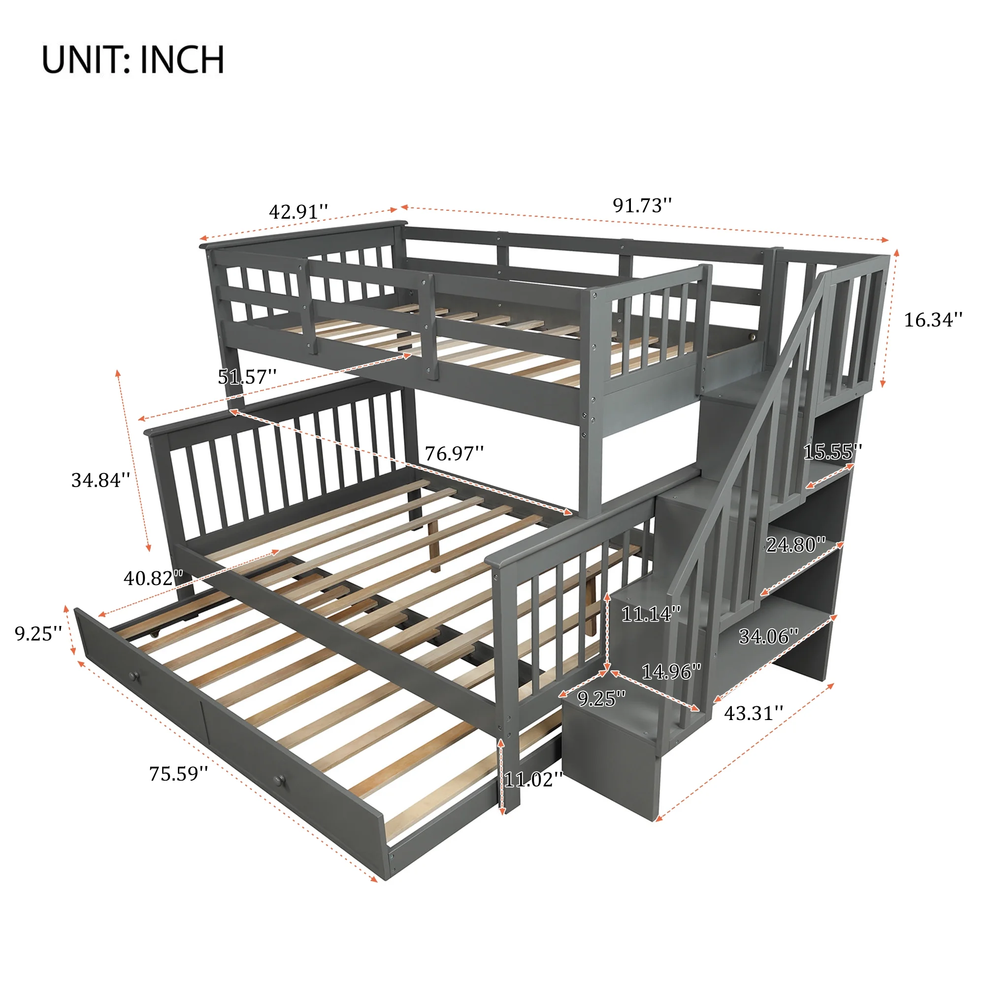 Stairway Solid Wood Twin Over Full Bunk Beds with Twin Size Trundle, Storage and Guard Rail Kids Bunk Beds