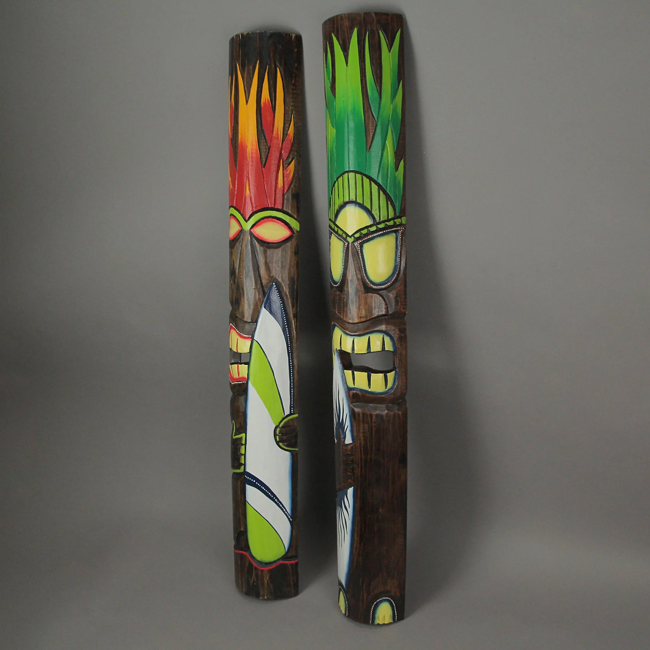 J.D. Yeatts Fire and Earth Carved Wood Surfer Tiki Wall Masks 39 inch (Set of 2)