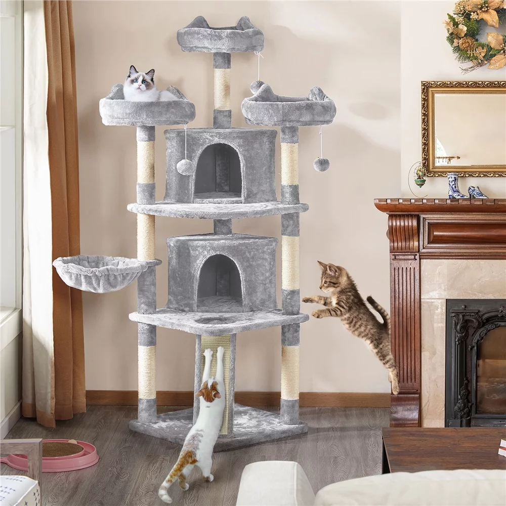 Yaheetech 69'' Cat Tree Cat Tower with Caves Condos & Scratching Posts, Light Gray