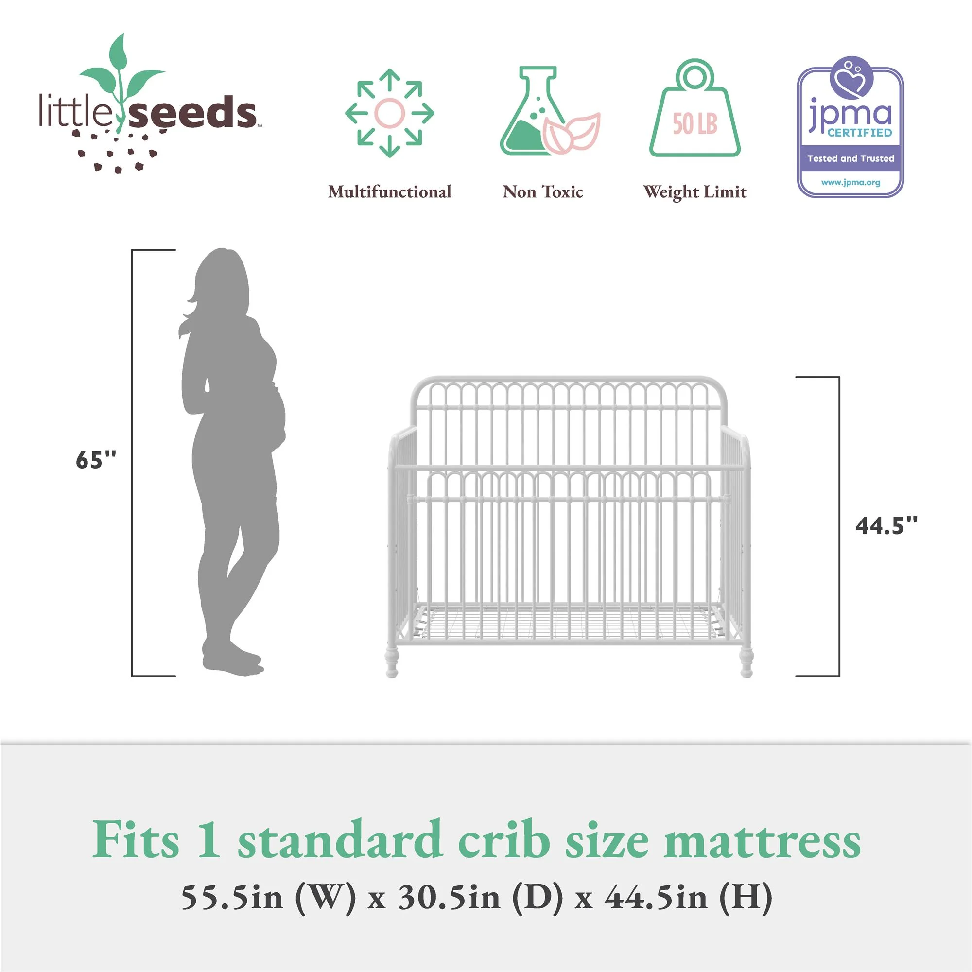 Little Seeds Ivy 3-in-1 Convertible Metal Crib, Off White