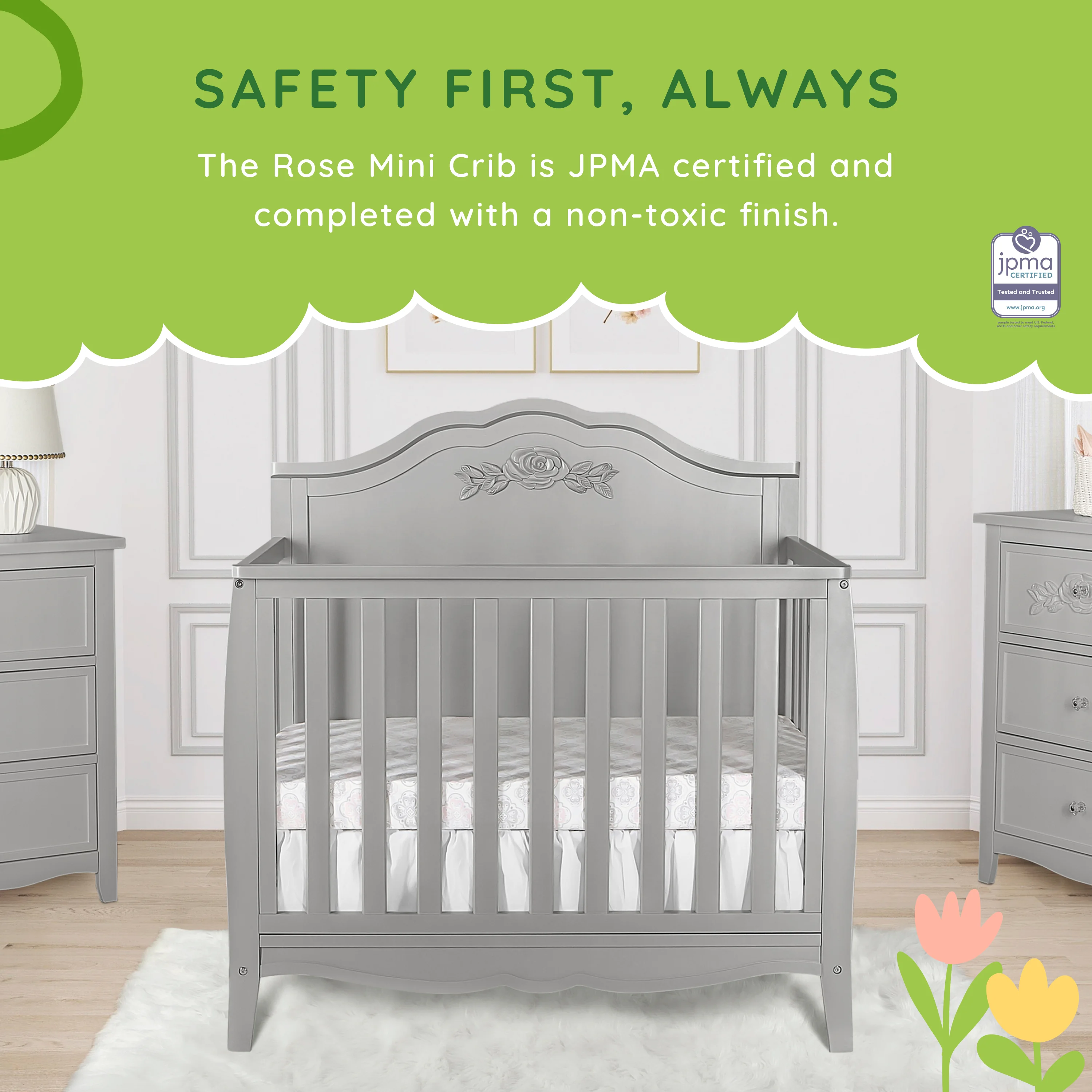 SweetPea Baby Rose 4-in-1 Convertible Mini Crib in Platinum, JPMA Certified Baby Crib, Non-Toxic Finish, New Zealand Pinewood, with 3 Mattress Height Settings Crib Platinum