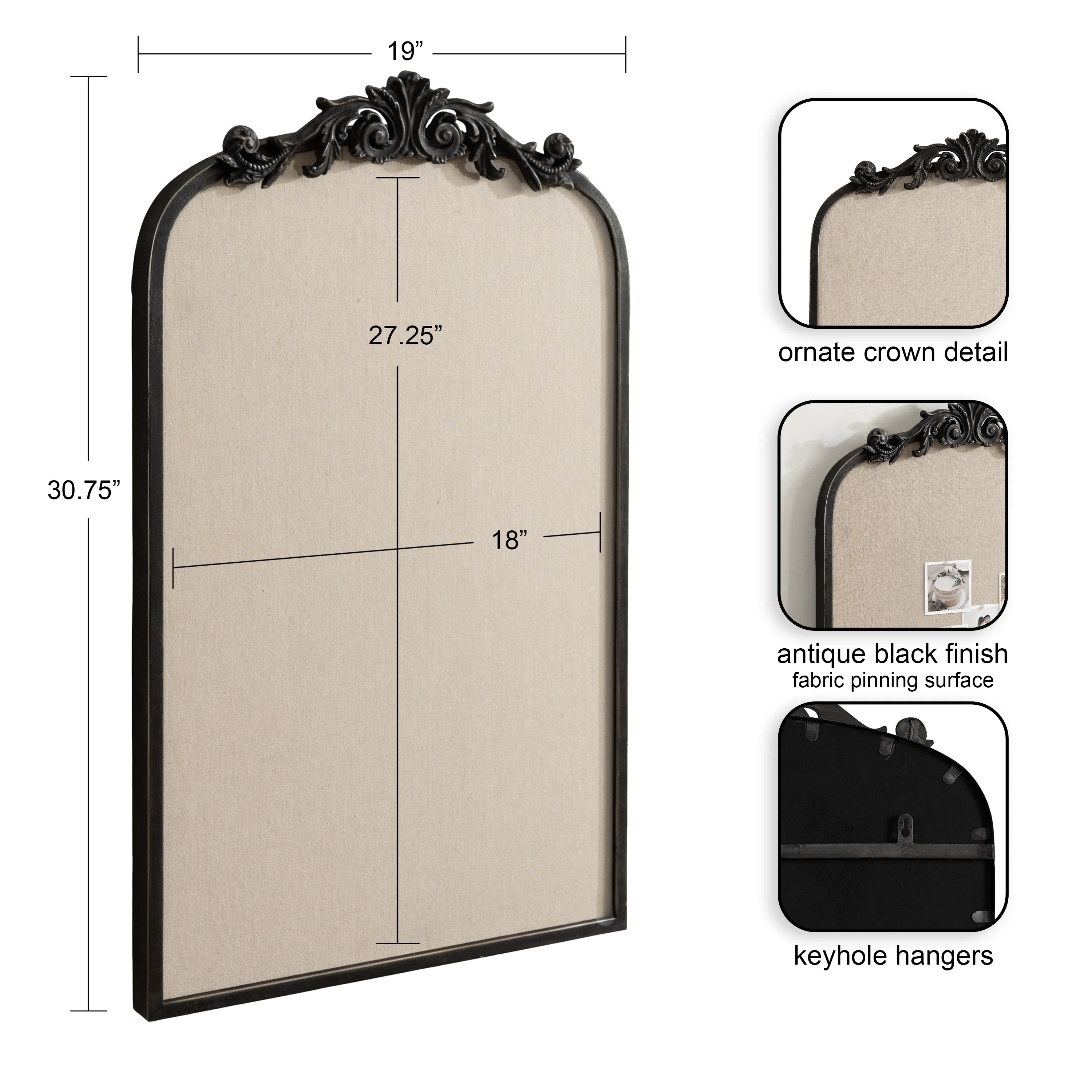 Kate and Laurel Arendahl Vintage Decorative Arched Pinboard, 19 x 31, Black, Framed Arch Ornate Bulletin Board for Unique Display, Organization, and Decor Options