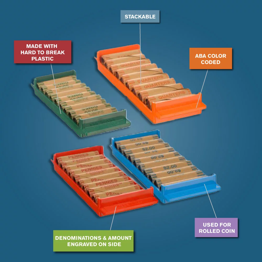 BankSuppliesPlastic Rolled Coin Storage Trays | Penny, Nickel, Dime, Quarter |
