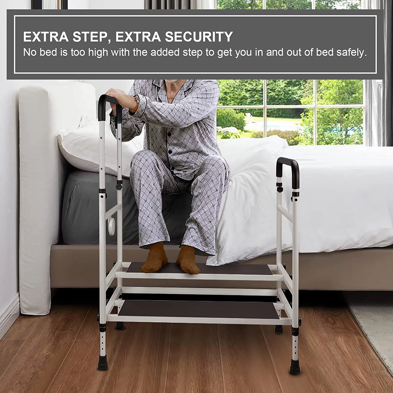 ARKANTOS Bed Step Stool with Adjustable Handrail and Sensor Light, Non-Slip, Holds up to 500lbs, Safety Bed Rail for Elderly, Pregnant, Handicapped