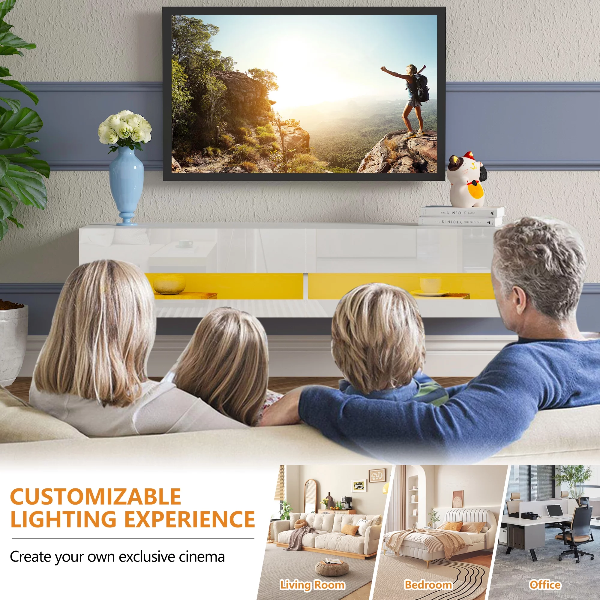 Floating TV Stand for 80 inch TVs, Paproos 71in Long LED Floating TV Cabinet, High Gloss Floating Entertainment Center with APP/Remote Control, Media Console Cabinet Living Room, White