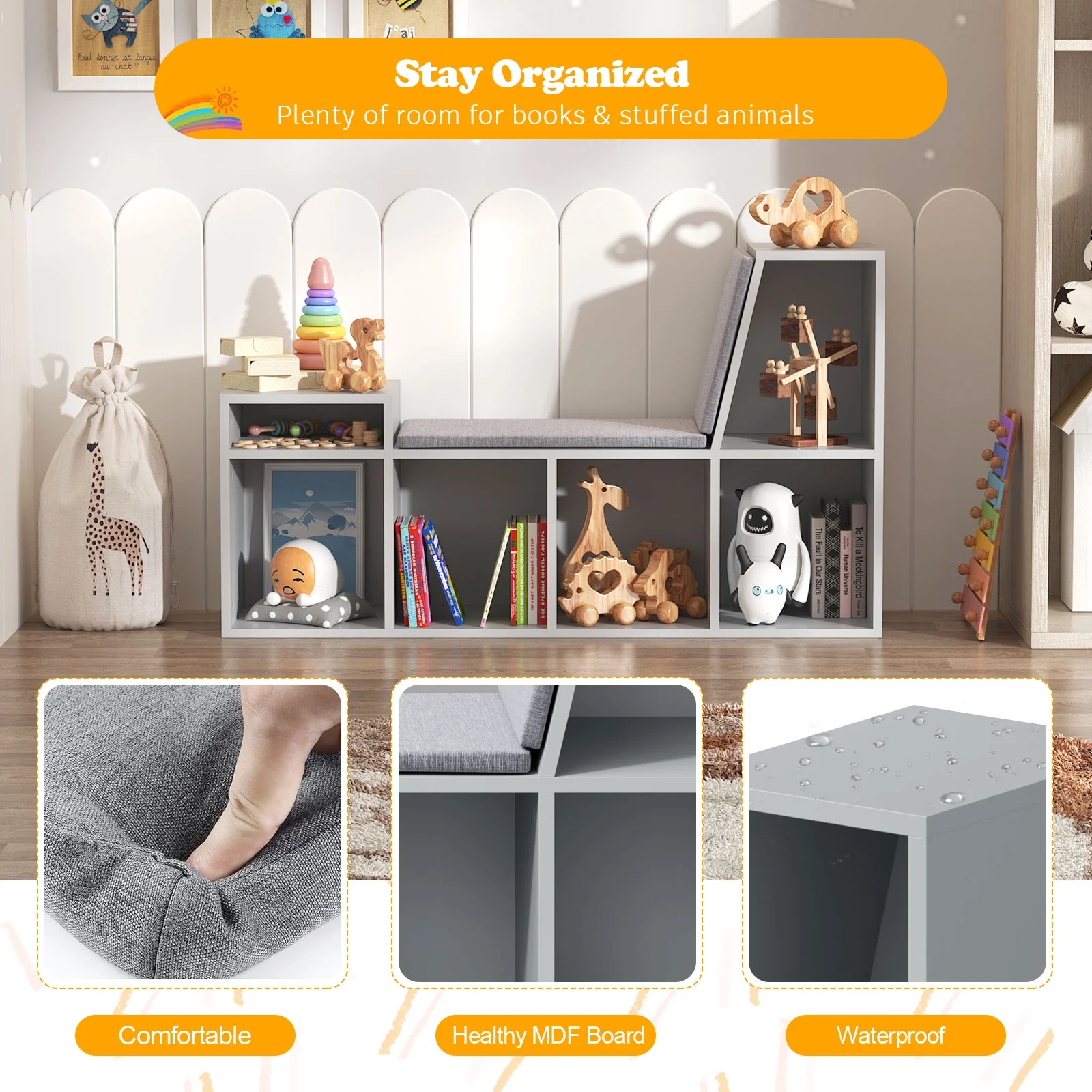 Grey Kids Bookshelf with Reading Nook,5-Cubby Nursery Bookcase with Seat Cushion Wooden Toy Storage Organizer Corner Bench for Playroom,Bedroom,Living Room