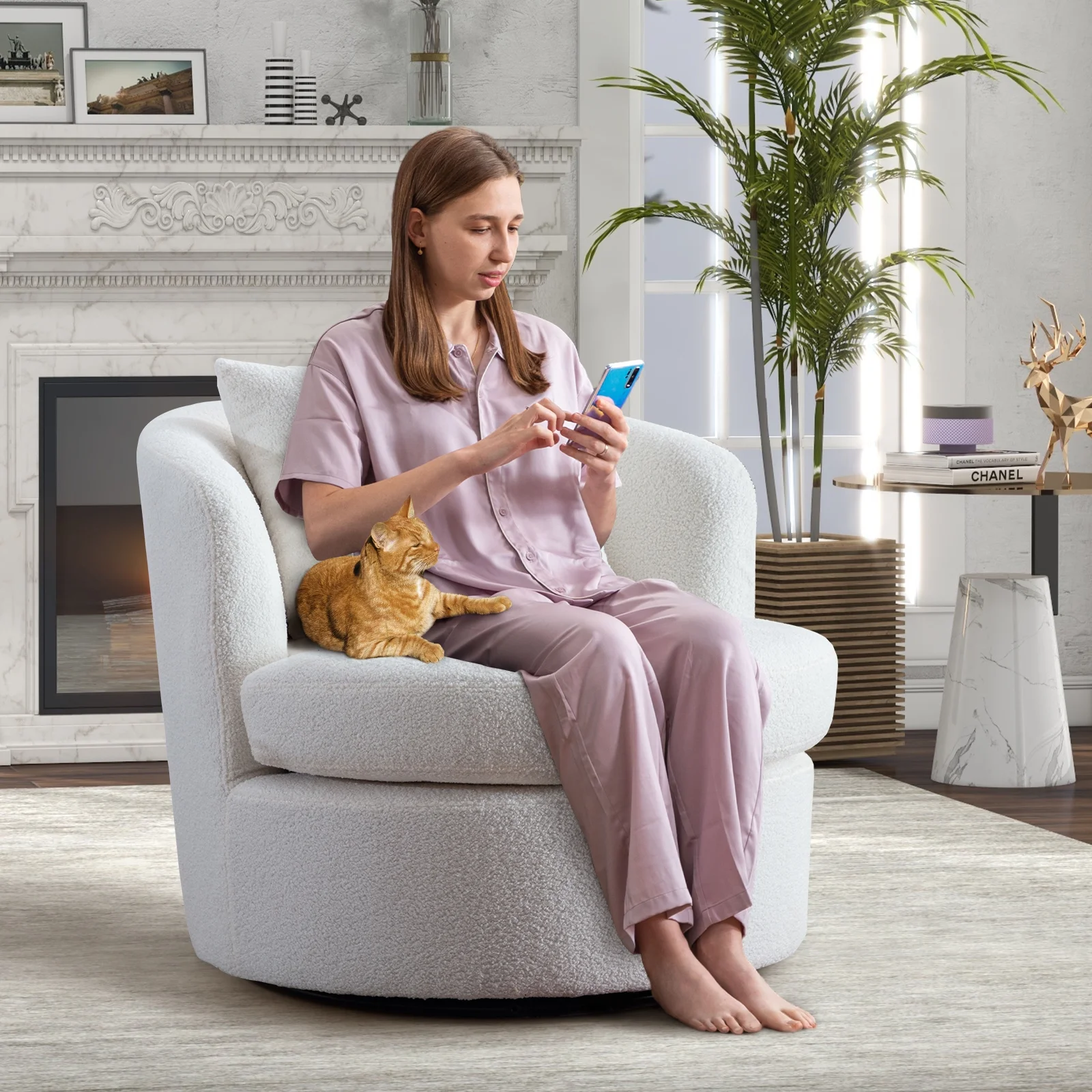 Ebello Swivel Accent Chair with Lamb Wool Fabric for Adult, Plump Pillow, Detachable Cushion, White