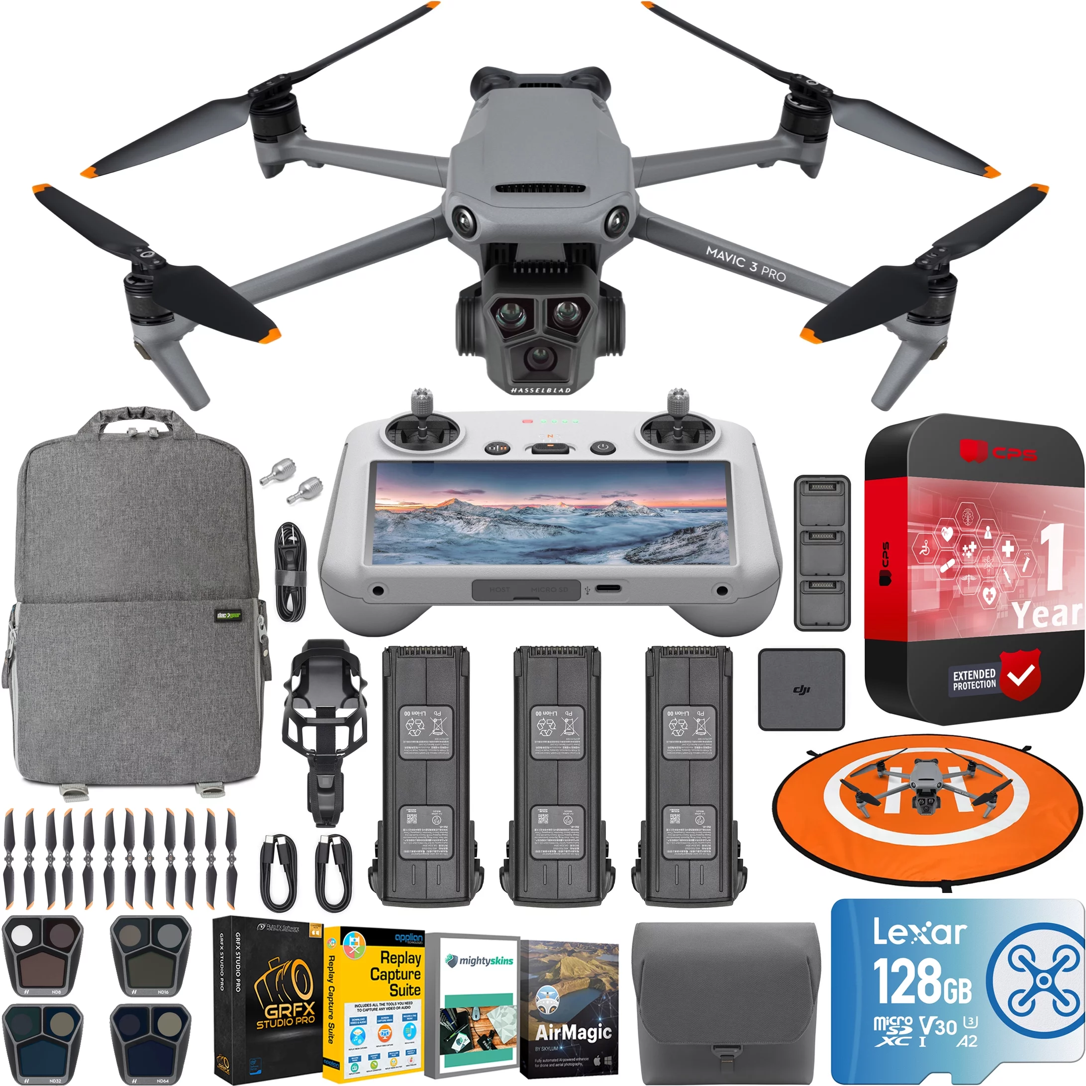 DJI Mavic 3 Pro Drone Quadcopter with RC Remote (with Screen) Fly More Combo, 4/3 CMOS Hasselblad Camera, 43Min Flight Time, 3 Batteries, ND Filters Bundle with Deco Gear Backpack and Accessories