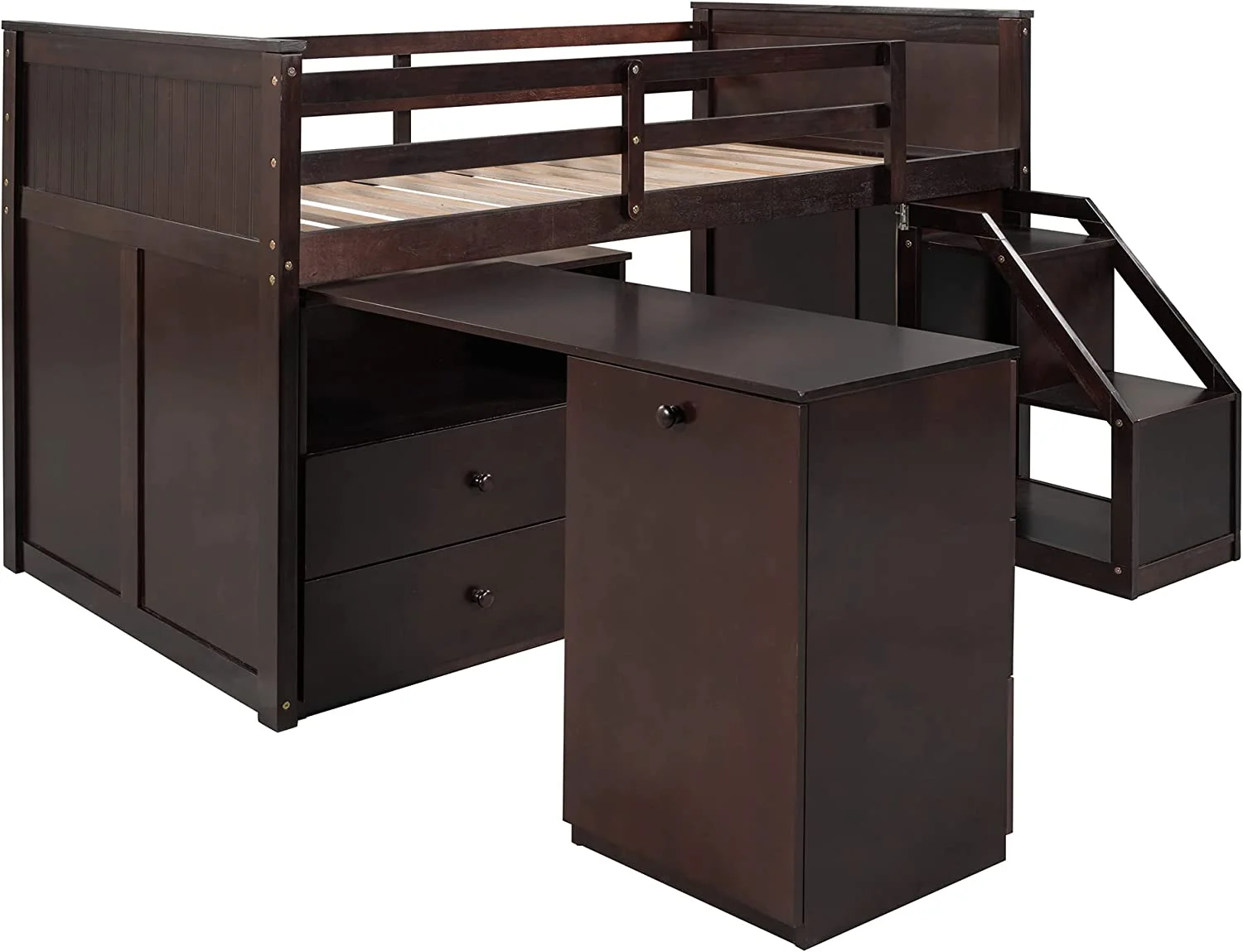 Low Loft Bed With Portable Desk And Stairs, Wood Size Loft Bed Frame With Storage Cabinets, Low Study Kids Loft Bed Frame For Bedroom Furniture (, Espresso)