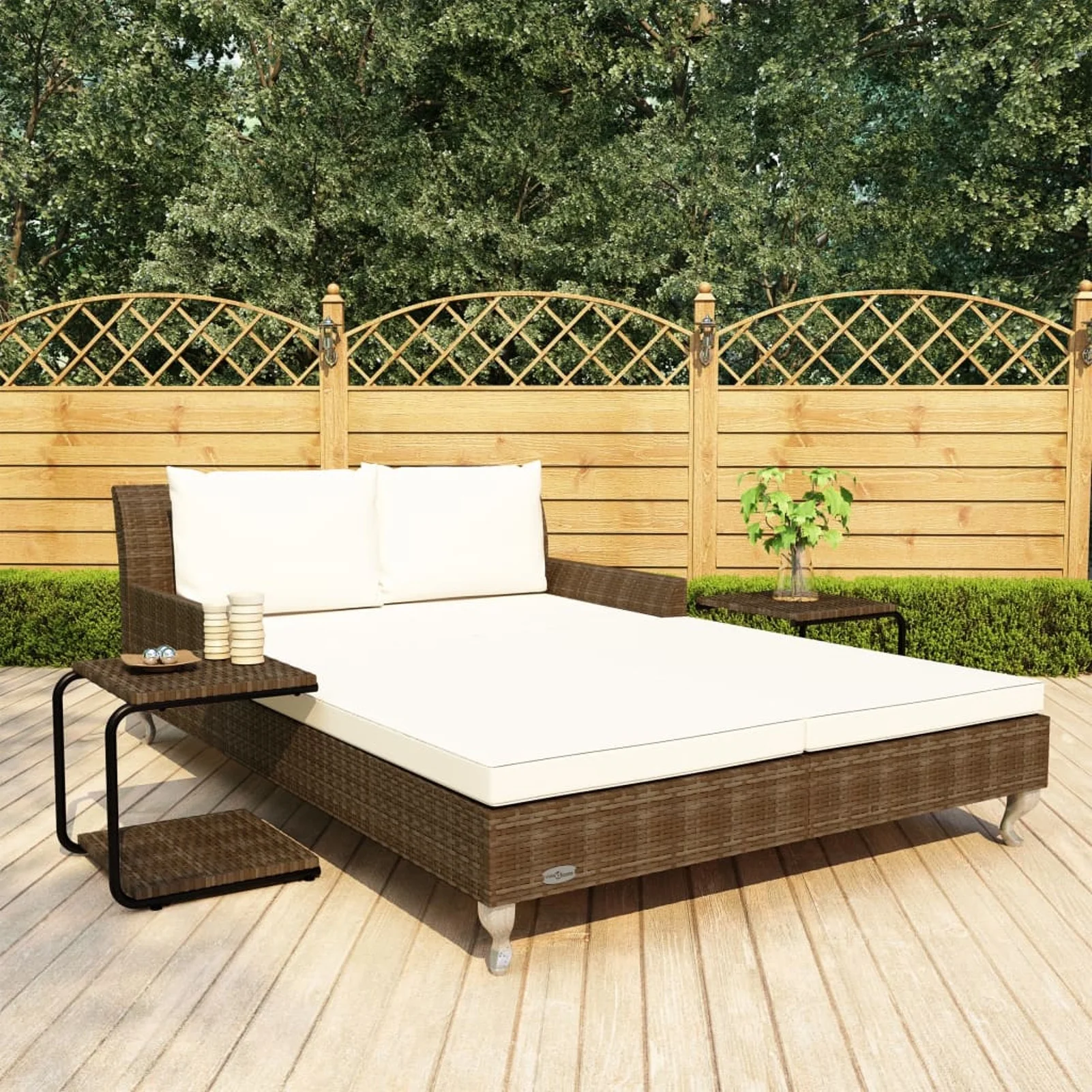 Dcenta 2-Person Paio Sun Lounge Bed with 2 Side Tables and Pillows Cushioned Patio Double Sun Lounger Brown Poly Rattan Daybed for Balcony, Garden, Pool, Lawn, Backyard Outdoor Furniture