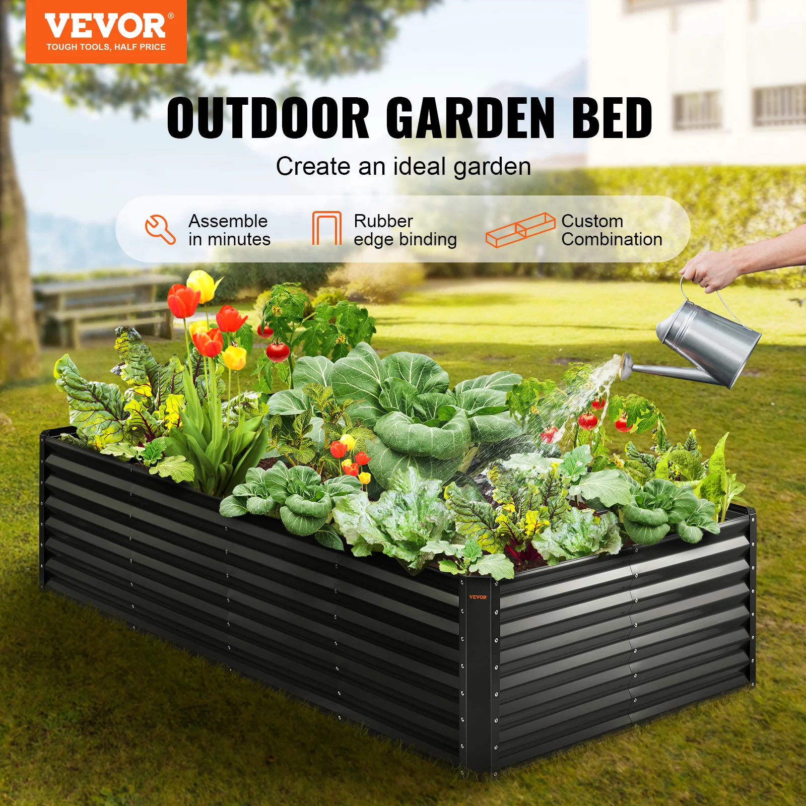 BENTISM Galvanized Raised Garden Bed, 8x4x2 FT Large Metal Raised Planter Box Garden Beds Outdoor for Vegetables Flowers and Herbs with Open Bottom and Planting Tools, Dark Grey