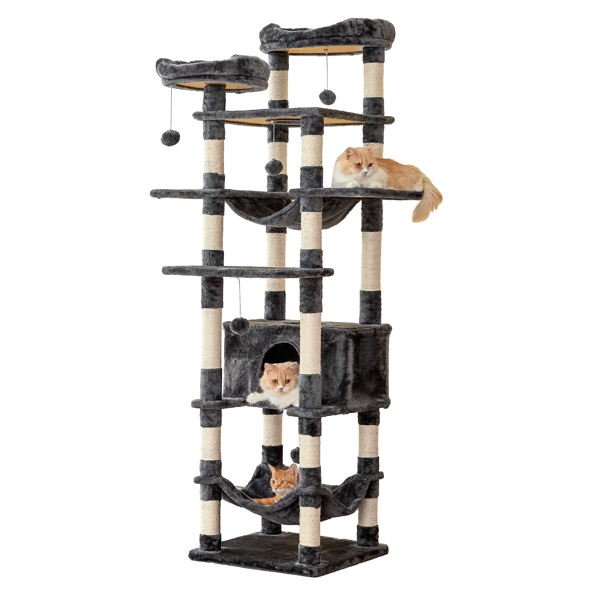 NECOLIKE 73.6'' Cat Tree for Large Cat Tower with Condo, 2 Perches and 2 Hammocks, Dark Gray